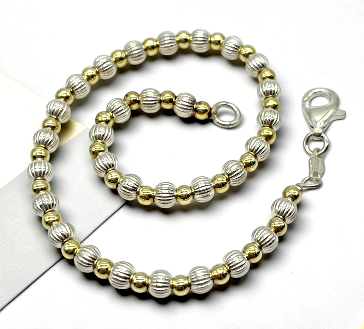 VTG Italy 925 Sterling Silver & Gold-Filled Fluted ball bead bracelet 8″