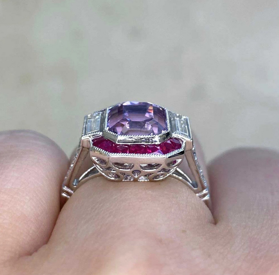 4.0Ct Emerald Cut Lab-Created Diamond & Ruby Halo Engagement Ring In 925 Silver