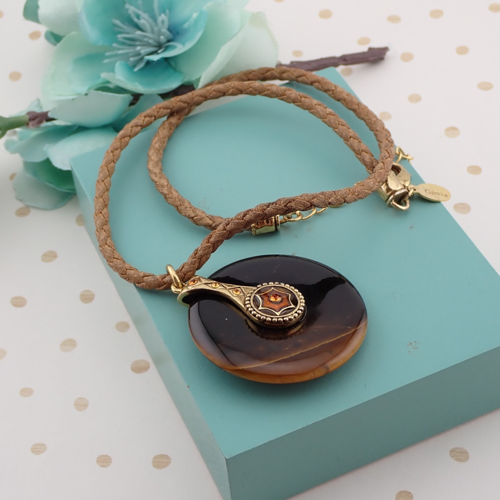 Vintage Joan Rivers Brown Art Glass Circle Rhinestone 18″ Pendant Necklace