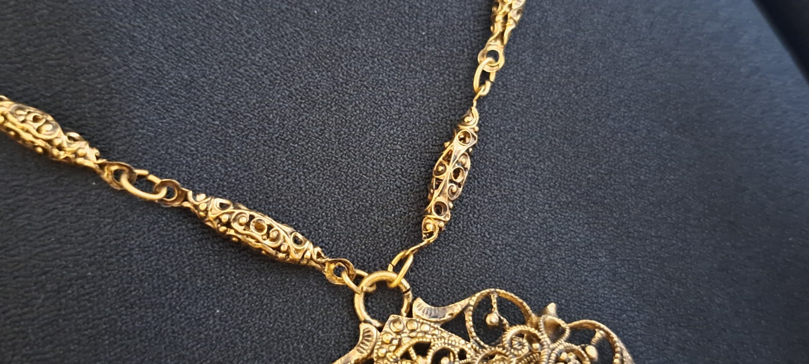Vintage W. Germany? Gold Filigree Opaline Cabochon & Accented Pendant Necklace