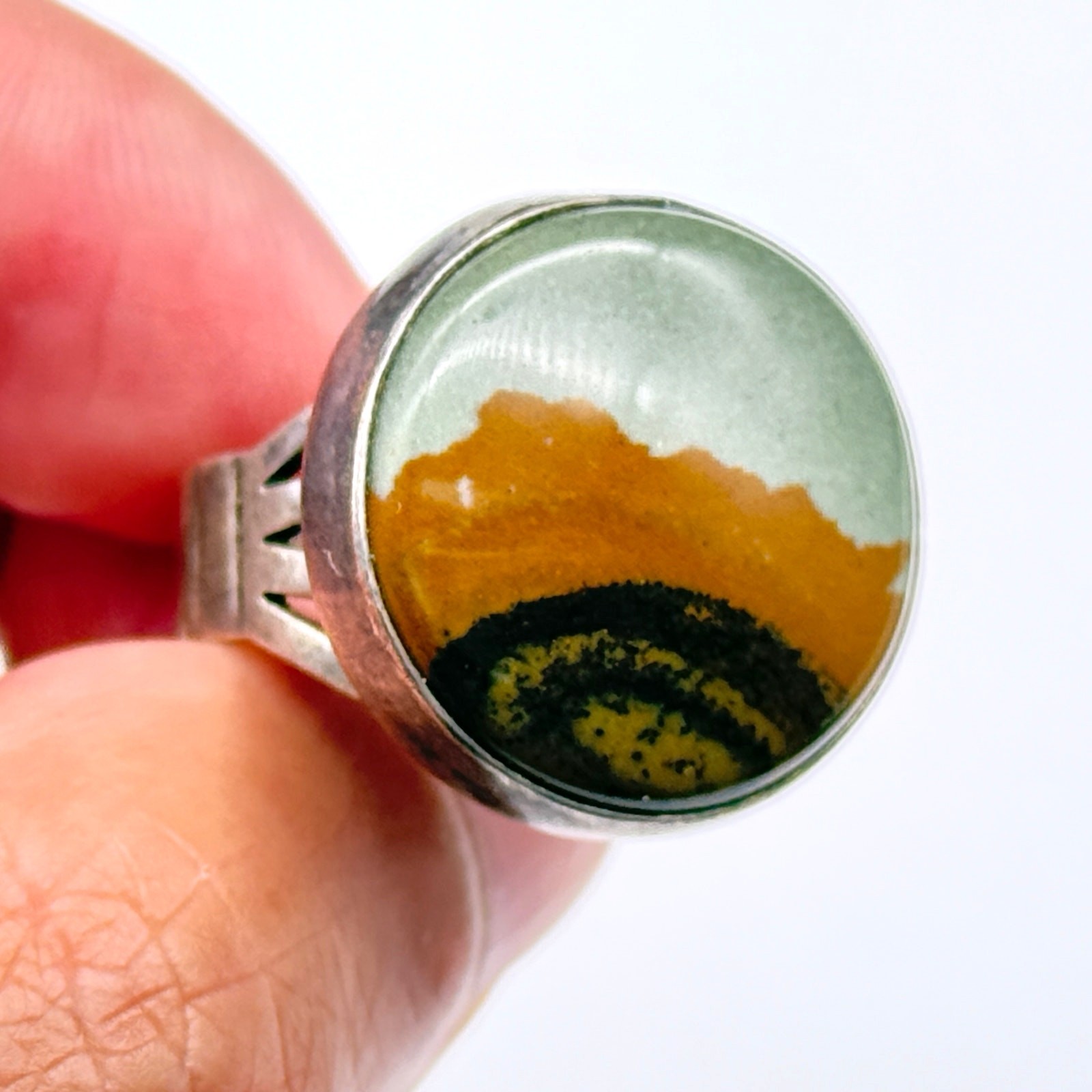 Vintage Modernist Picture Jasper Sterling Silver Ring Size 7.25