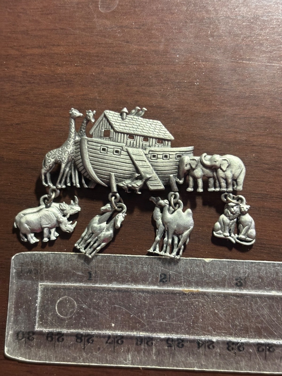Vintage Noah’s Ark Dangling Animal Brooch Pewter Tone  Signed Jonette Jewelry
