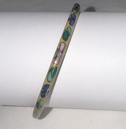 Vintage Cloisonne Floral Bangle Bracelet Enamel Gold Tone Yellow Green Pink Blue