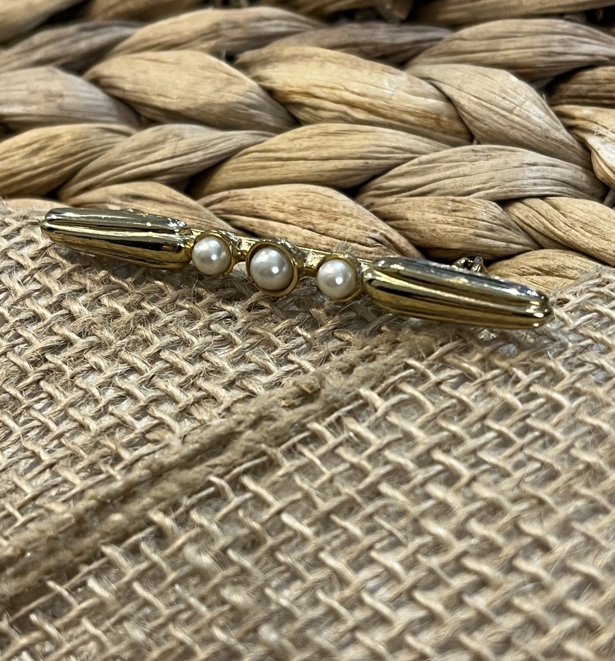 Victorian Revival Bar Pin Gold Tone Faux Pearl Brooch Vintage Costume Jewelry