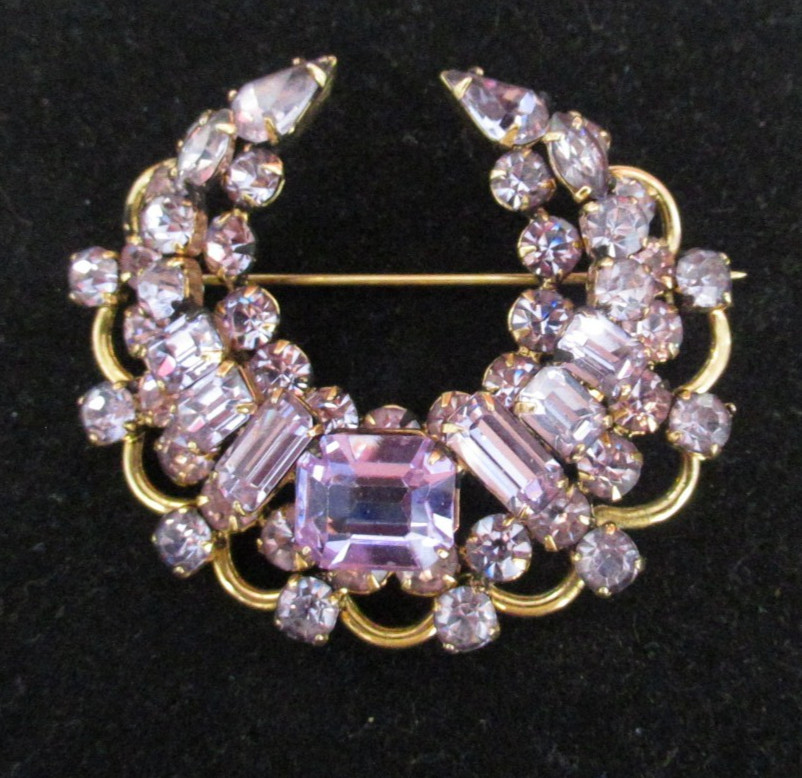 Signed Kramer of New York Crescent Moon Lavender Rhinestone Stone Brooch Pin