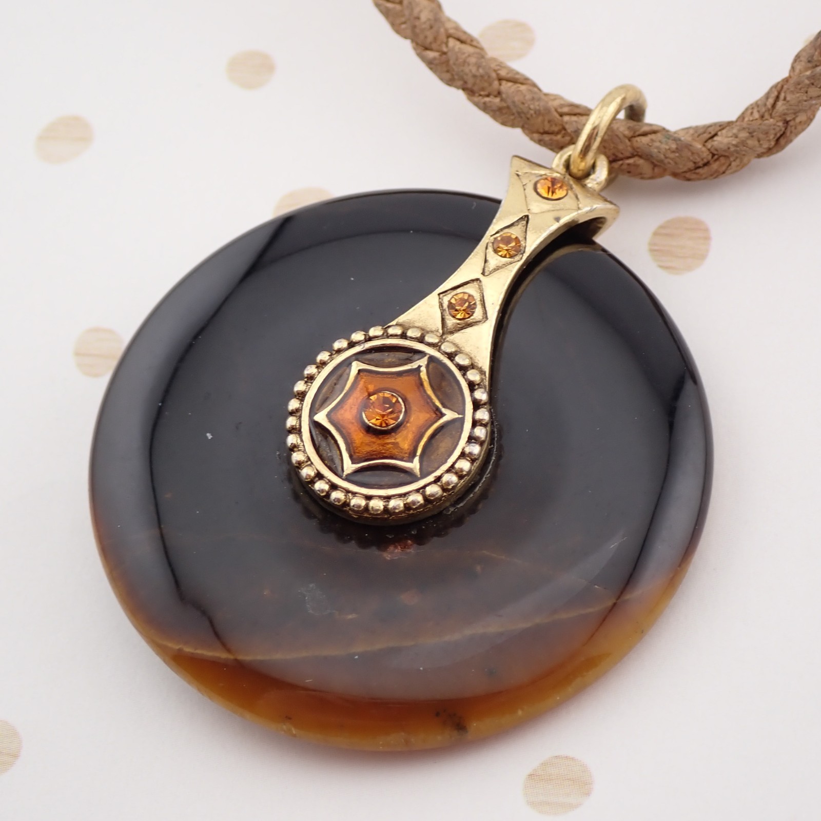 Vintage Joan Rivers Brown Art Glass Circle Rhinestone 18″ Pendant Necklace