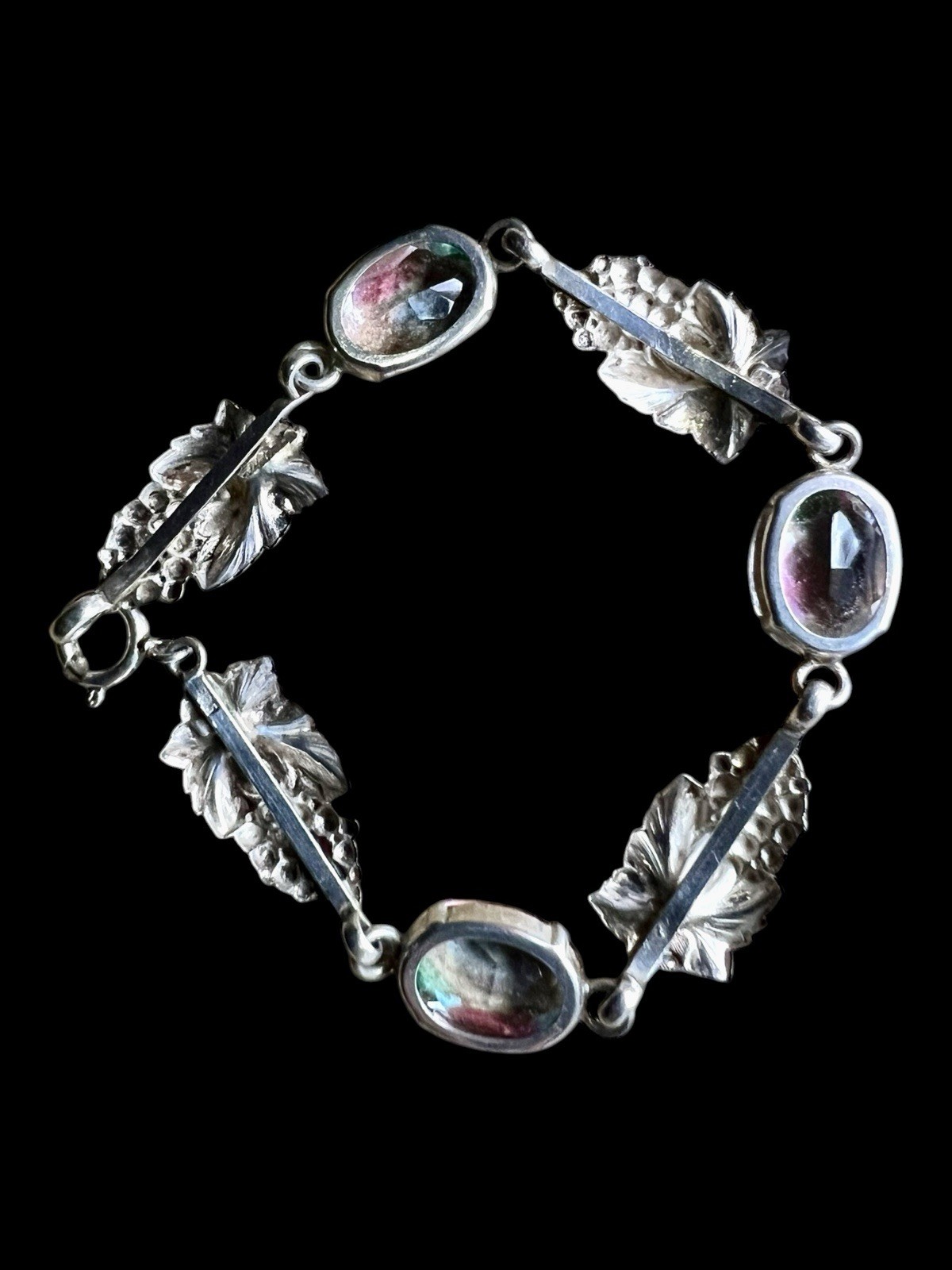 Vintage 835 Silver Rheinkiesel Iris Glass Bracelet Grape Leaf Rainbow Stones