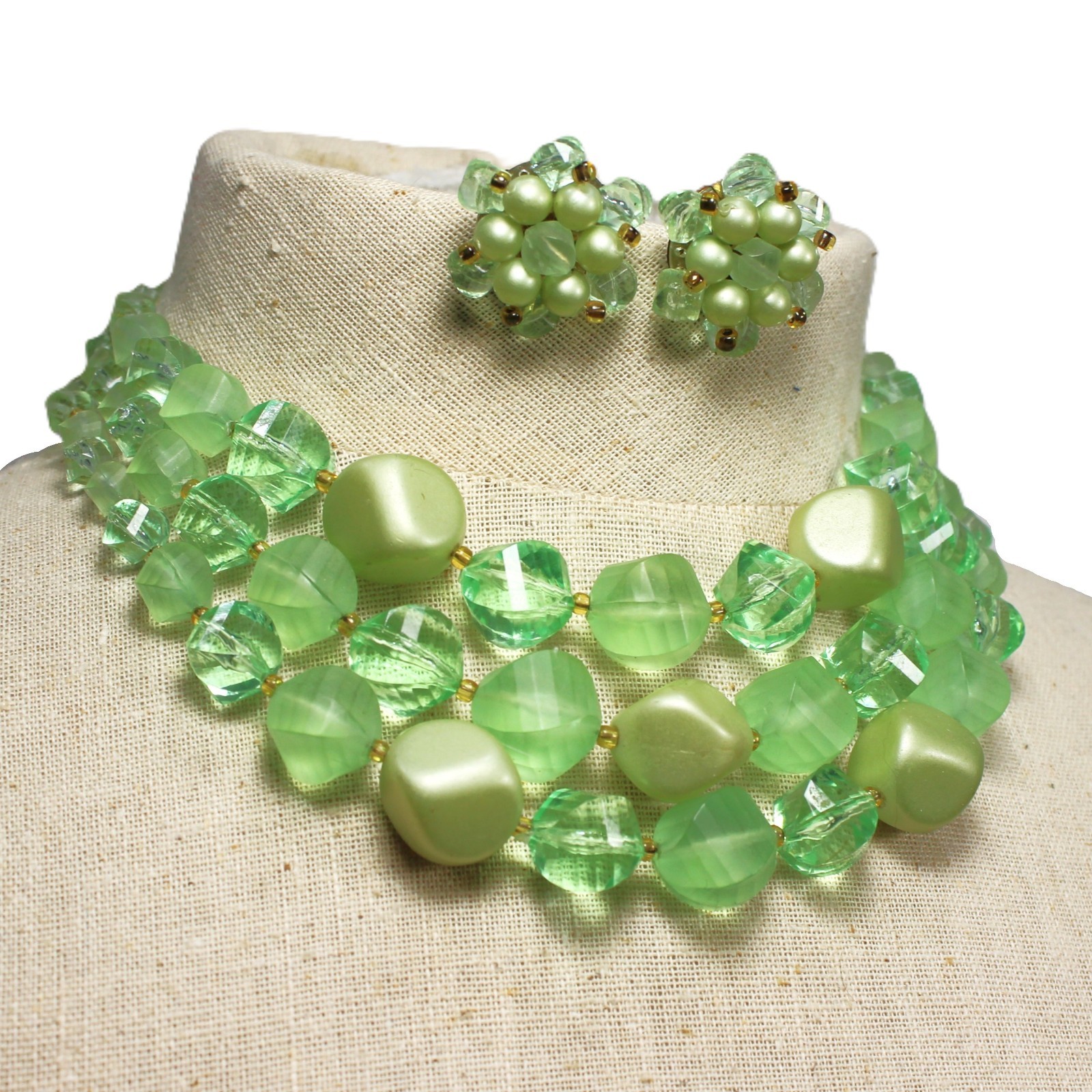Vintage 50s Green Bauble Necklace Earrings Jewelry Set Frosted Opaque W Germany