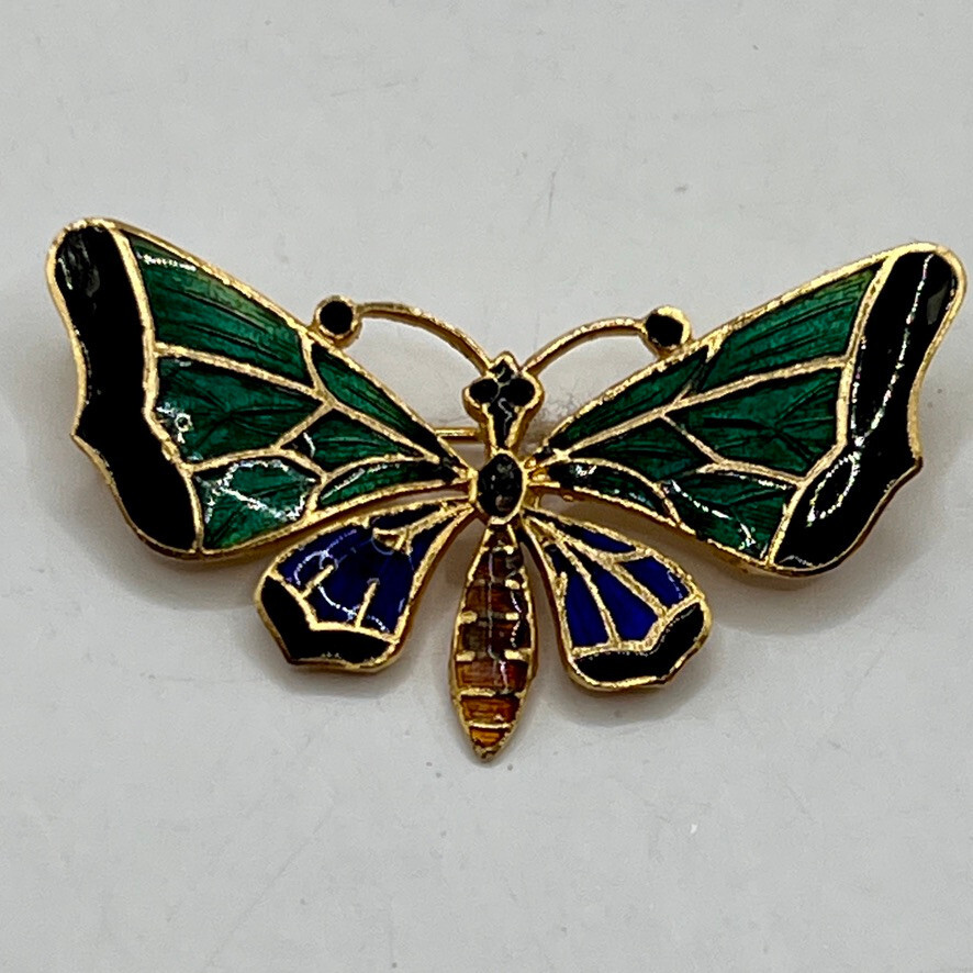Enamel Butterfly Brooch Pin Vintage Goldtone Bright Blue Green Black Insect GVC