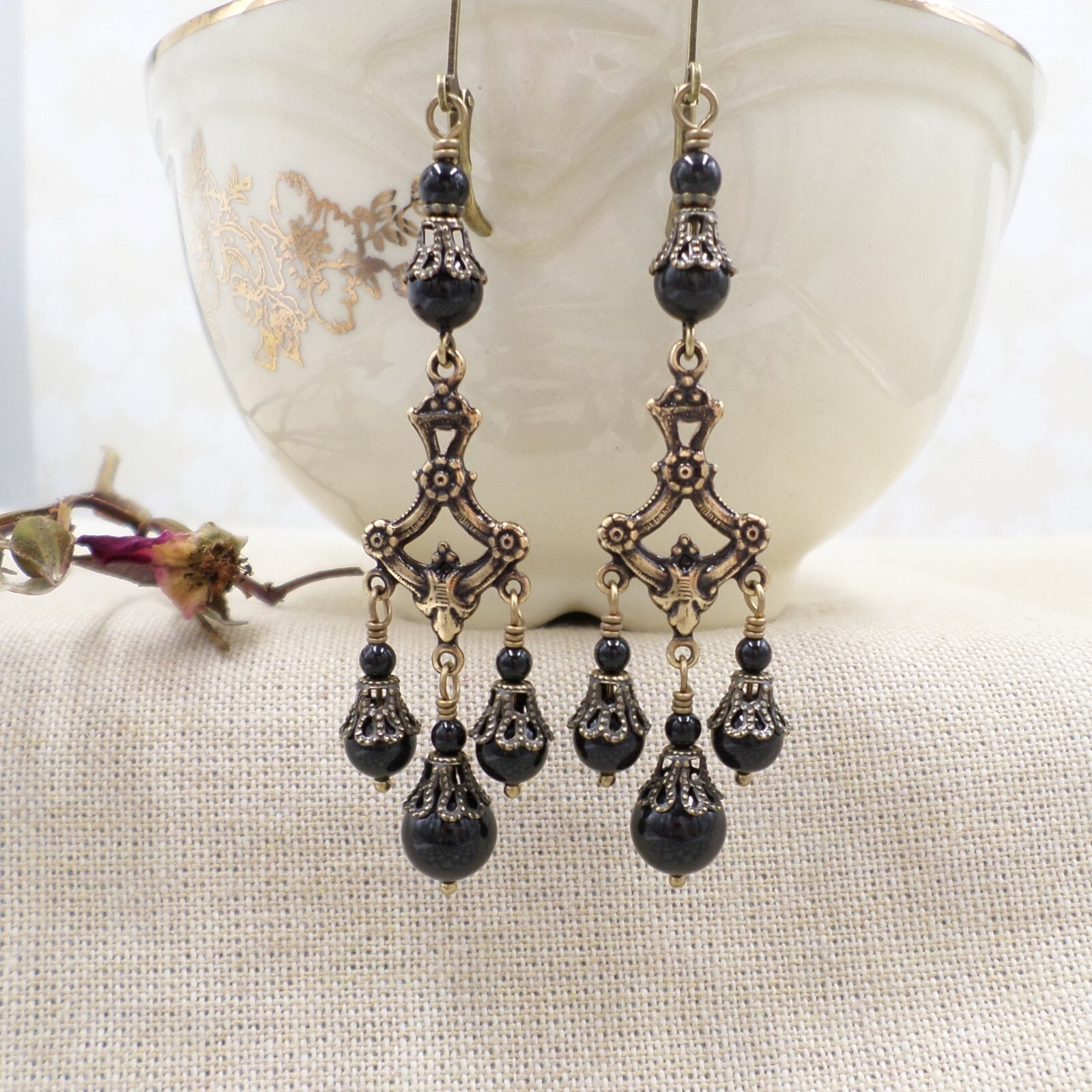 Victorian Mourning Earrings Jet Black Glass Bead Chandelier Filigree Handmade