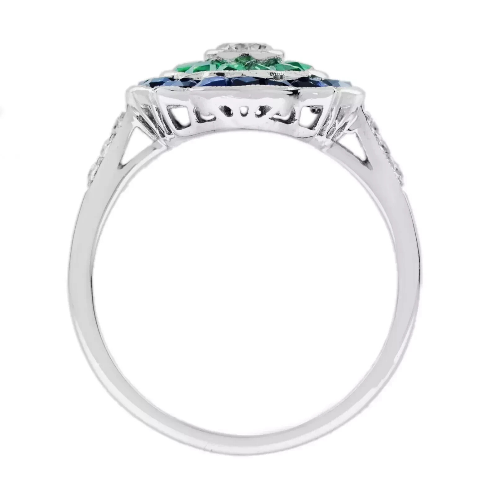 Art Deco Style Lab Created Diamond Emerald Sapphire Ring 14K White Gold Finish
