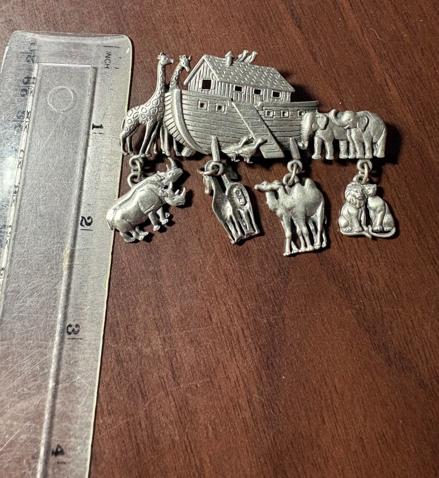 Vintage Noah’s Ark Dangling Animal Brooch Pewter Tone  Signed Jonette Jewelry