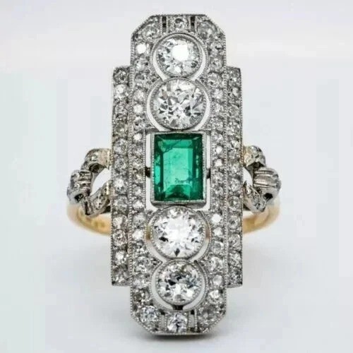 2.4Ct Art Deco Vintage Style Lab Created Emerald 14K Gold Finish Engagement Ring