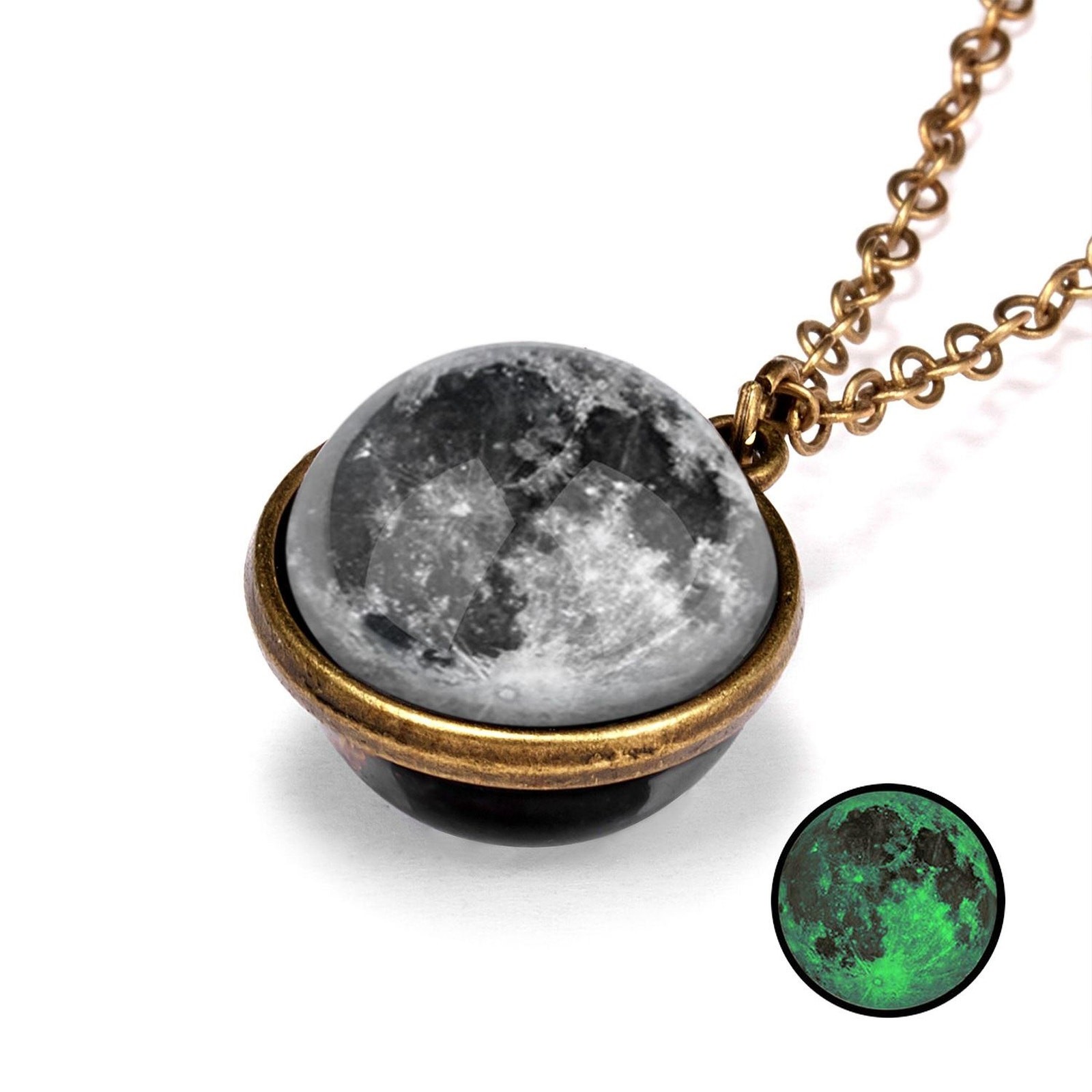 Double-Sided Galaxy Necklace – Glass Dome Pendant with Vintage Chain