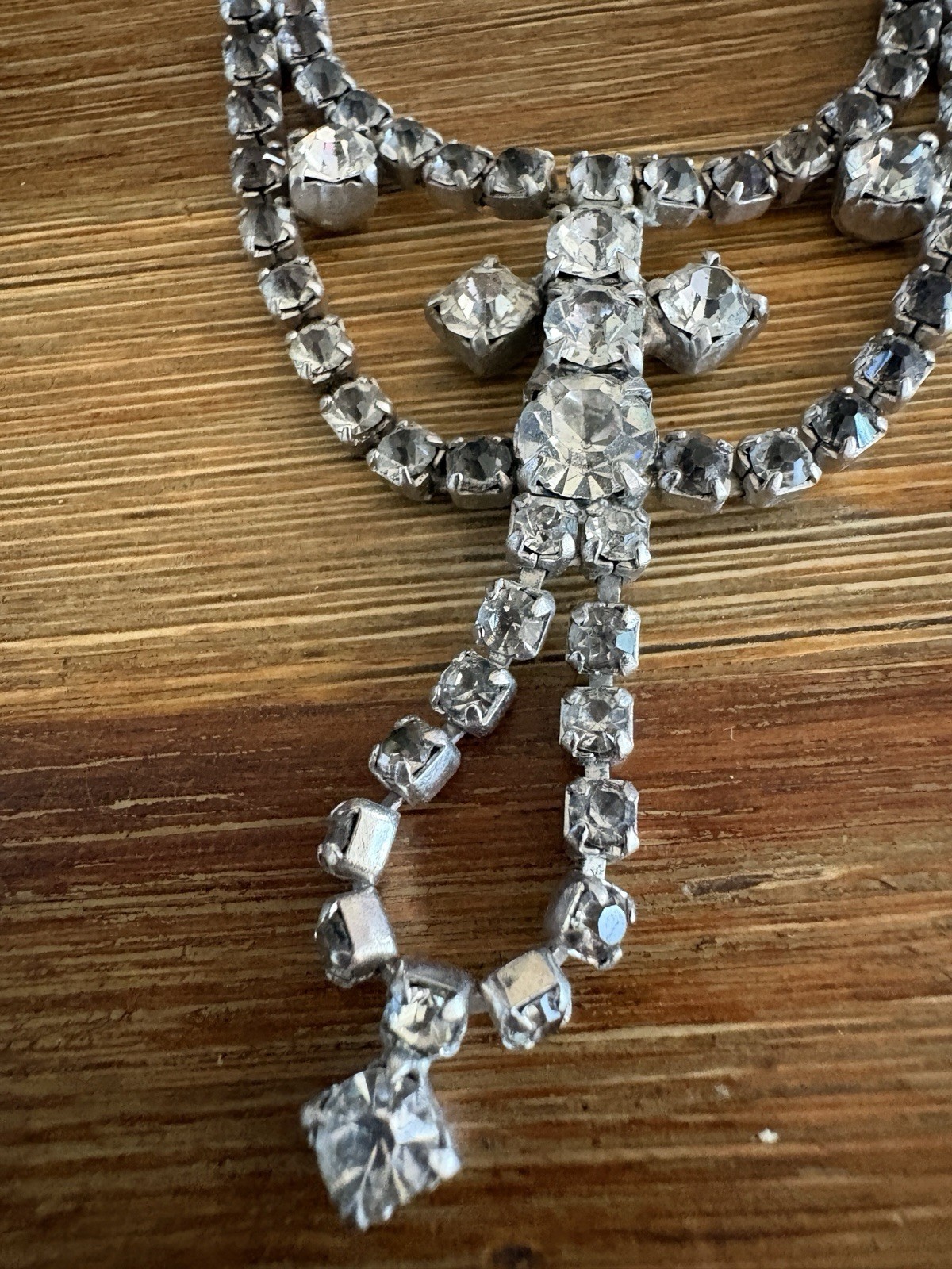 Vintage ArtDeco Necklace Clear / Gray Rhinestone Rhodium Plate Prong Princess