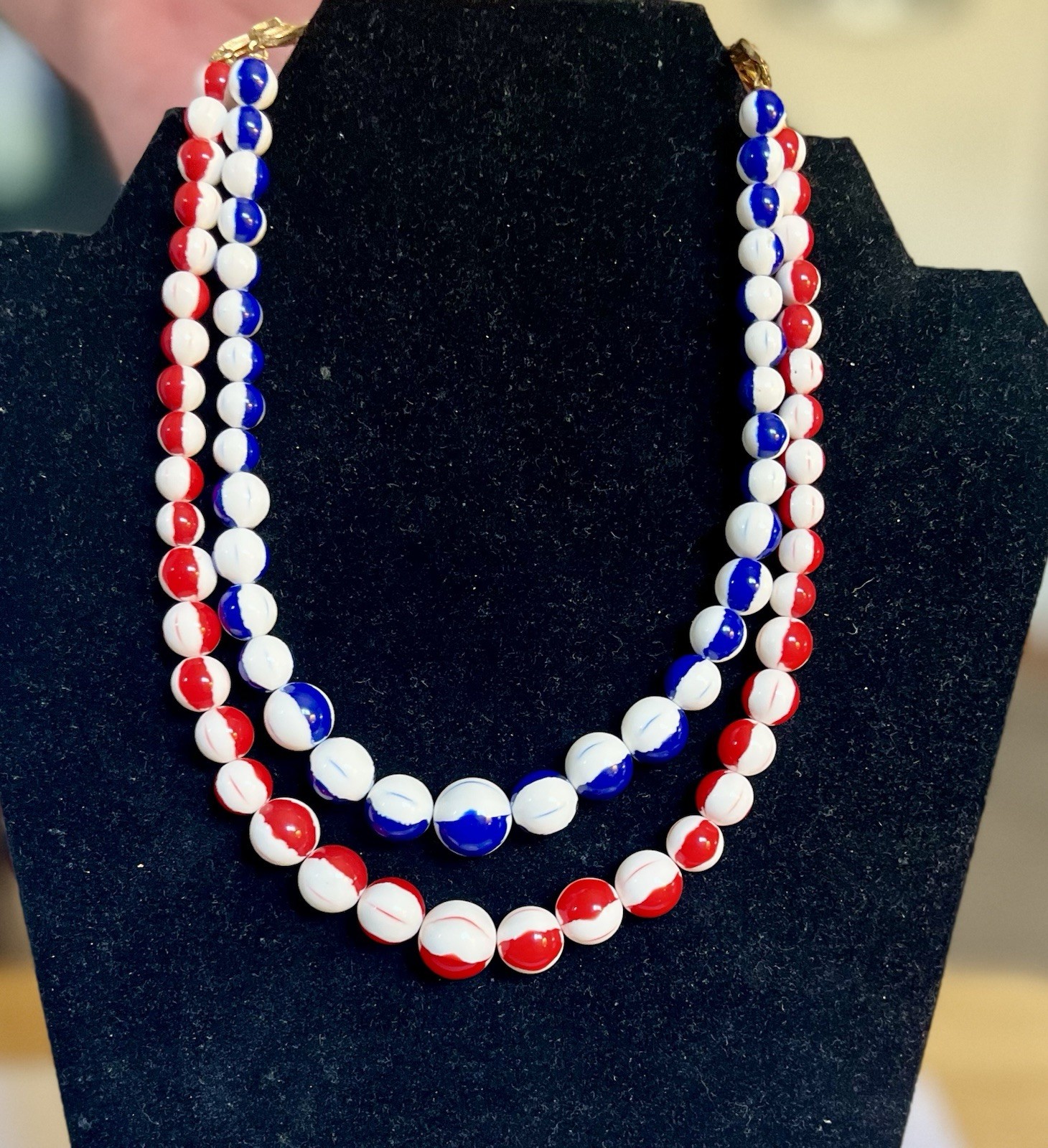 RARE Vntg Signed FLORENZA Red White & Blue Patriotic Enamel DBL Strand Necklace
