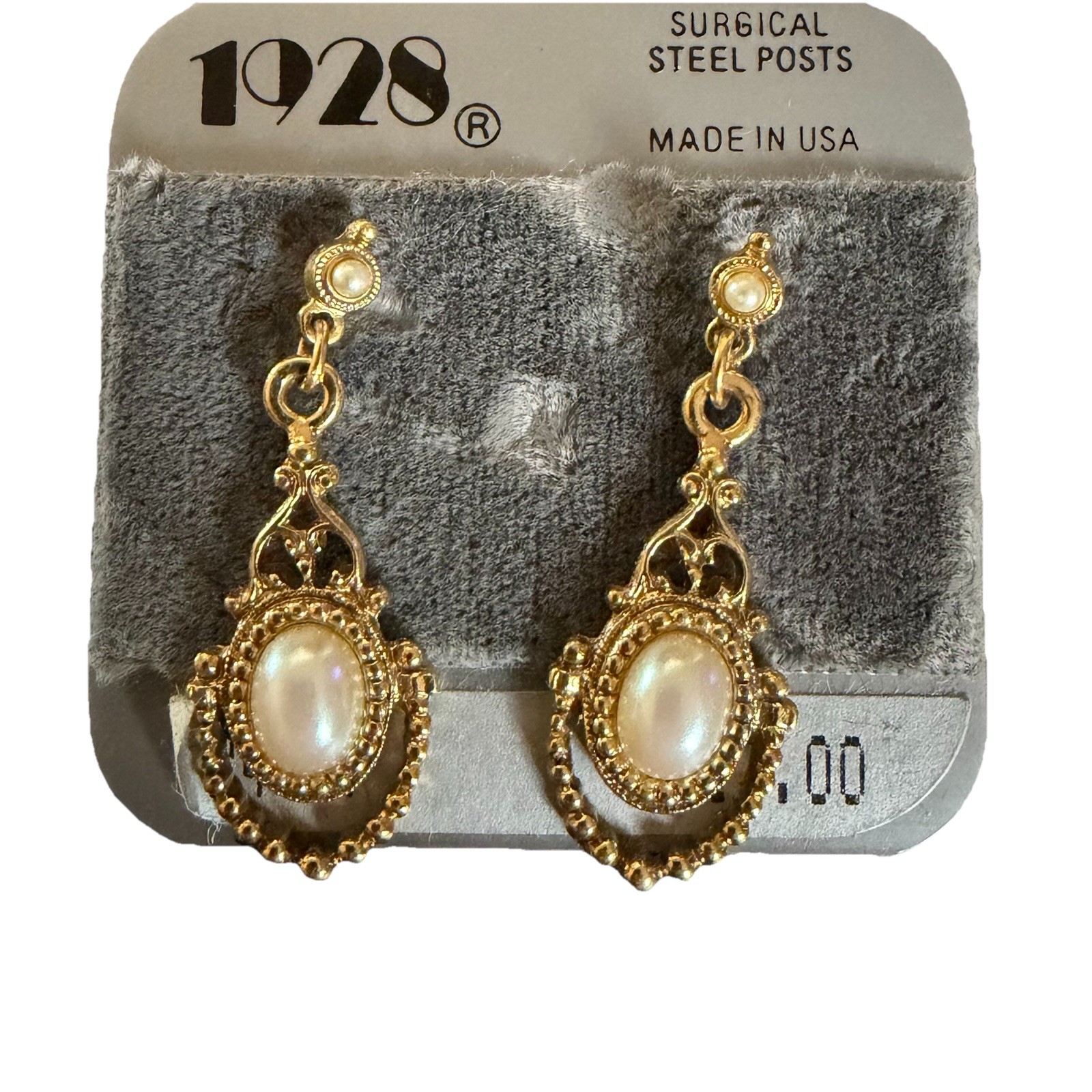 Designer 1928 Earrings Faux Pearl Metal Dangle Pierced Post Back