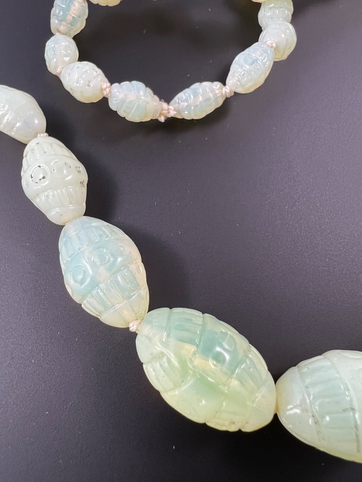 Vintage Art Deco Vaseline Uranium Glass Opaline Glass Bead Necklace 31″