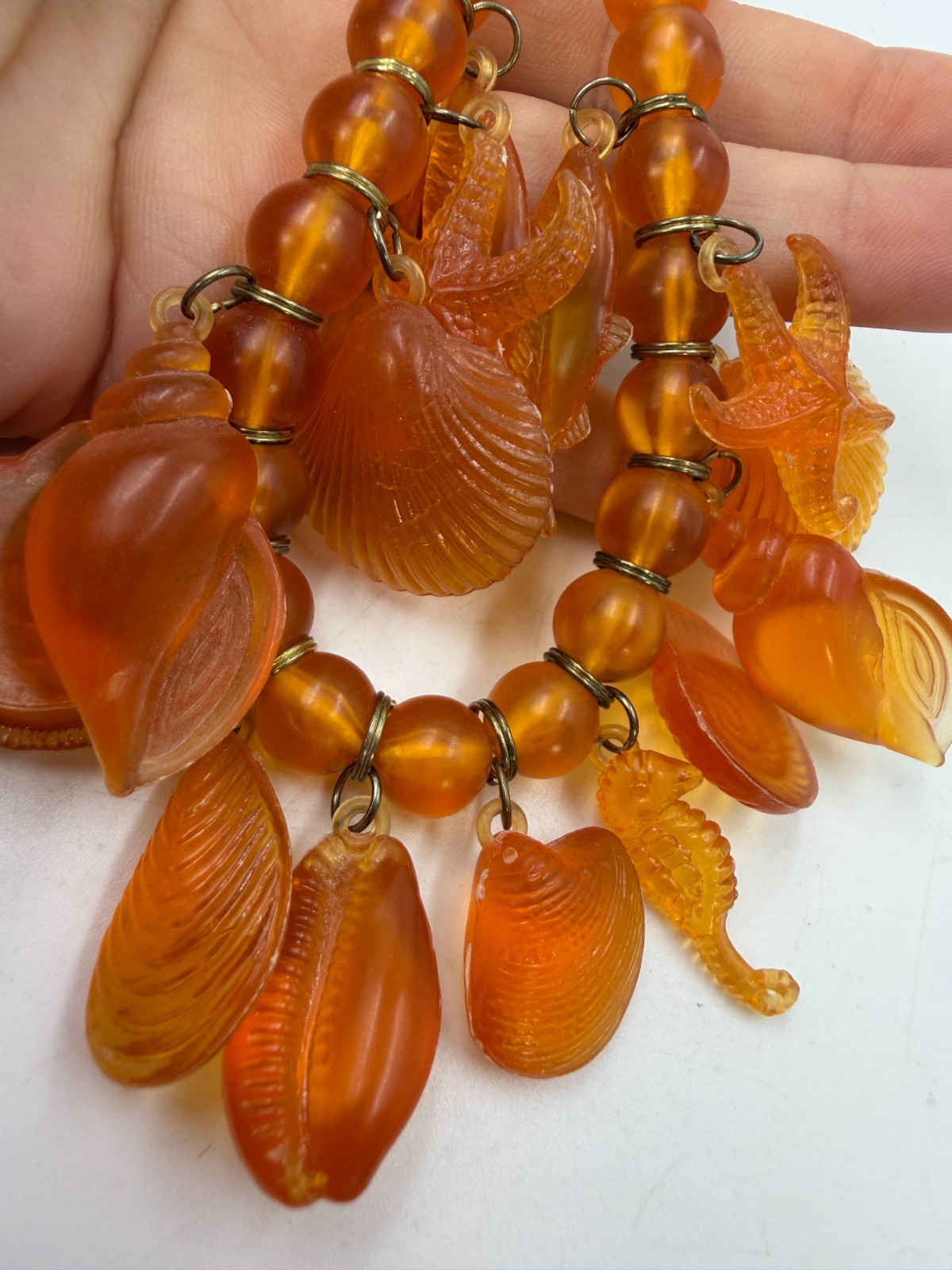 Vintage Necklace Plastic Orange Fish Seashell Beach Nautical 24 inches