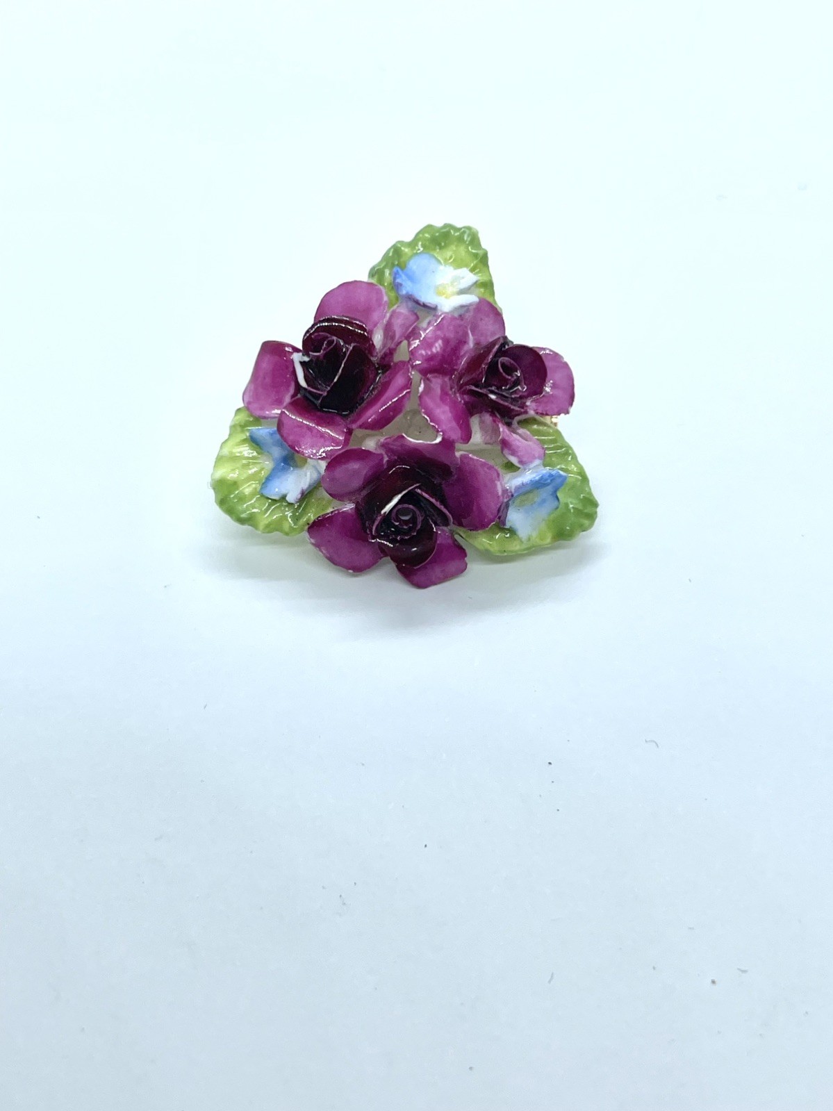 Vintage Coalport Bone China Red Rose ‘Forget Me Not’ Flower Leave England Brooch