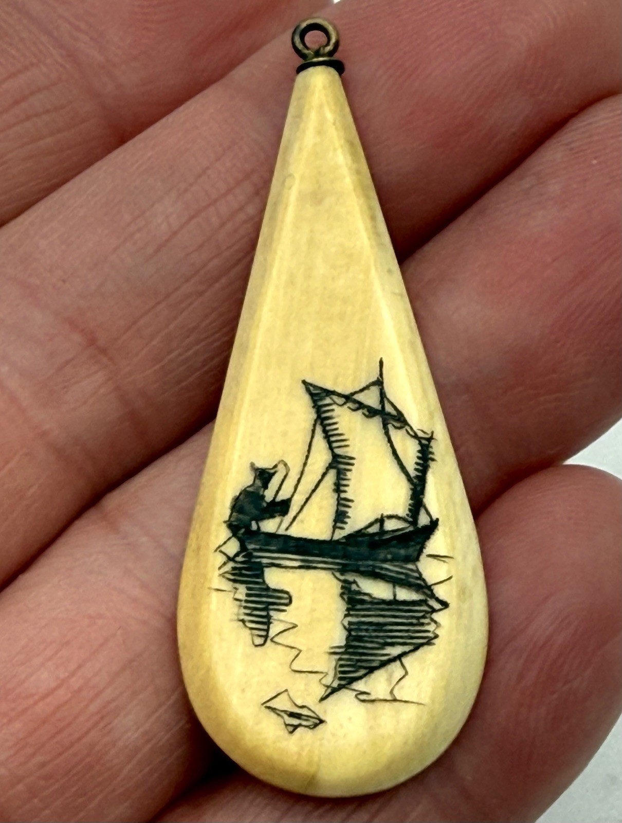 Scrimshaw Pendant Fishing Boat Elongated Teardrop Vintage