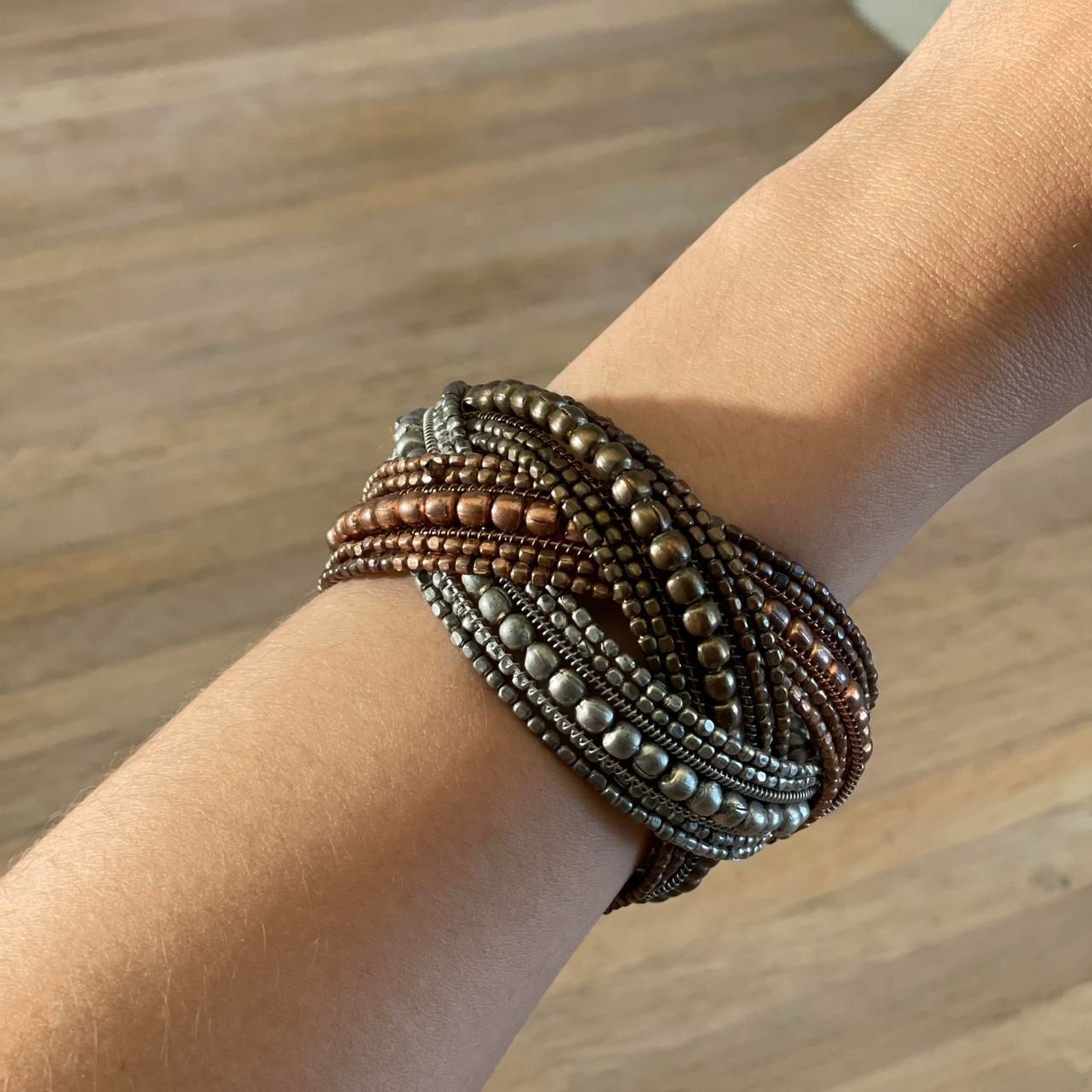 Vintage Boho Bronze Beaded Wrap Cuff Bracelet Multistrand Metal Festival Jewelry