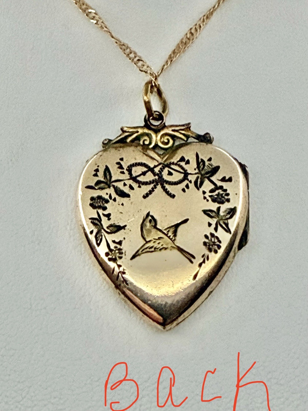 Victorian Aesthetic Movement Bird & Flower Vines Double Sided RG Locket Necklace