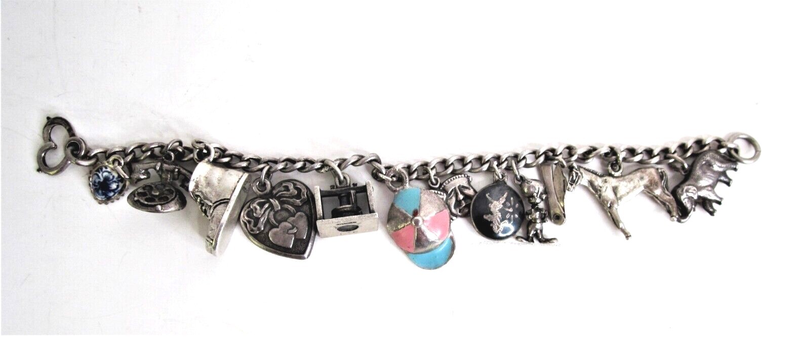 Sterling Silver Charm Bracelet Antique- Lil’ Eightball + 11 Other S/S Charms