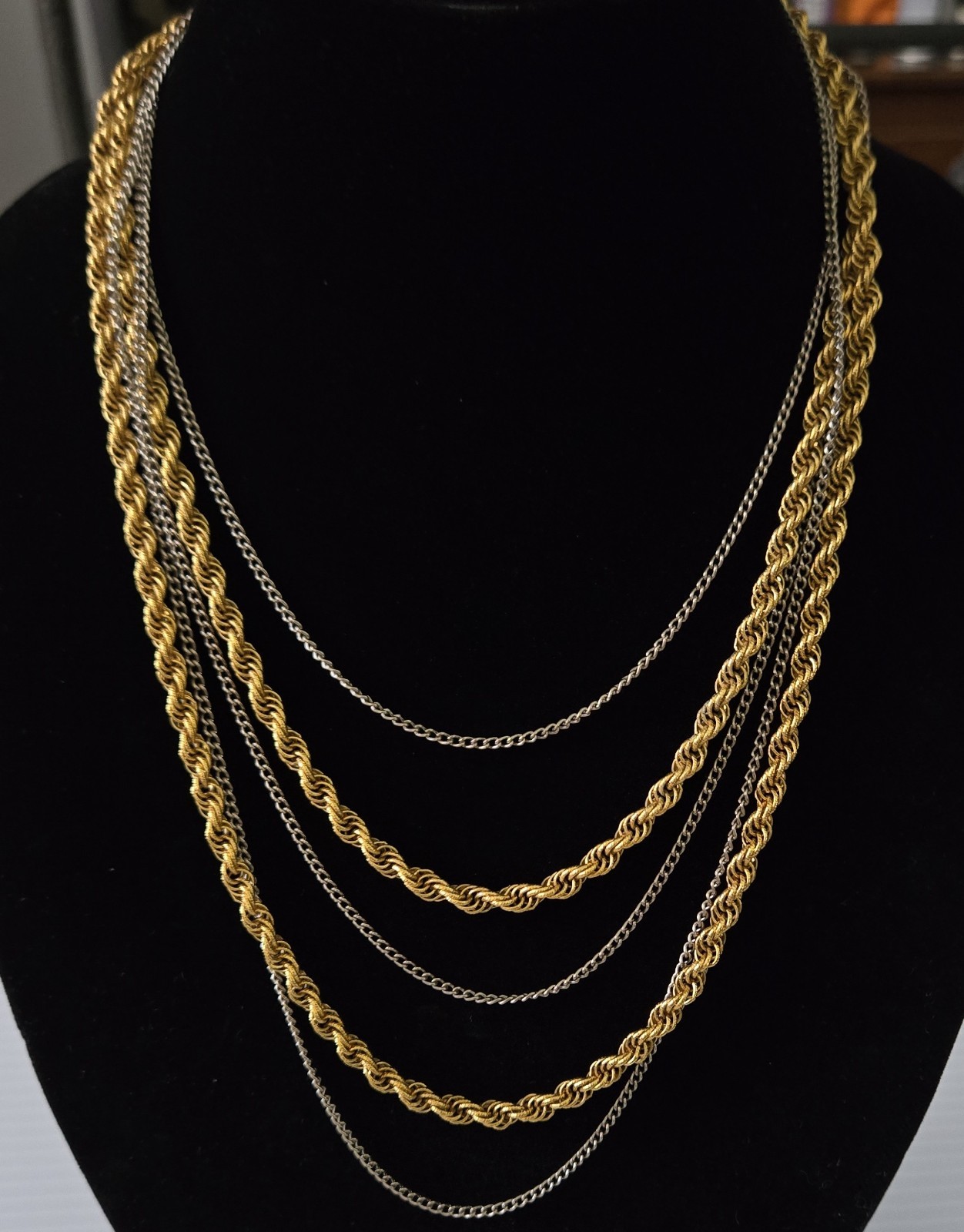 Vintage Gold Silver Tone Multi Strand Rope Chain Statement Necklace 1980s