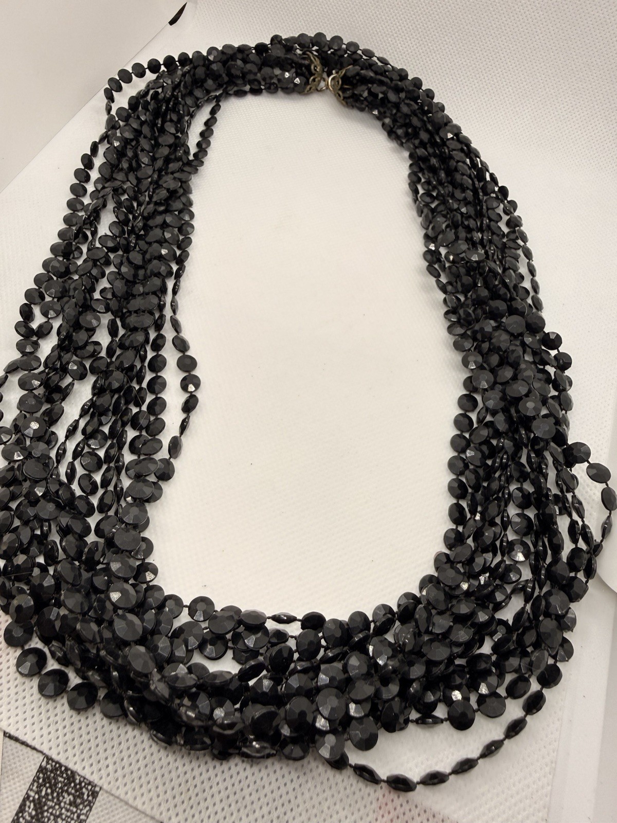 Vintage Multi Strand Black Faceted Bead Necklace Statement Bib Cascade 25 In