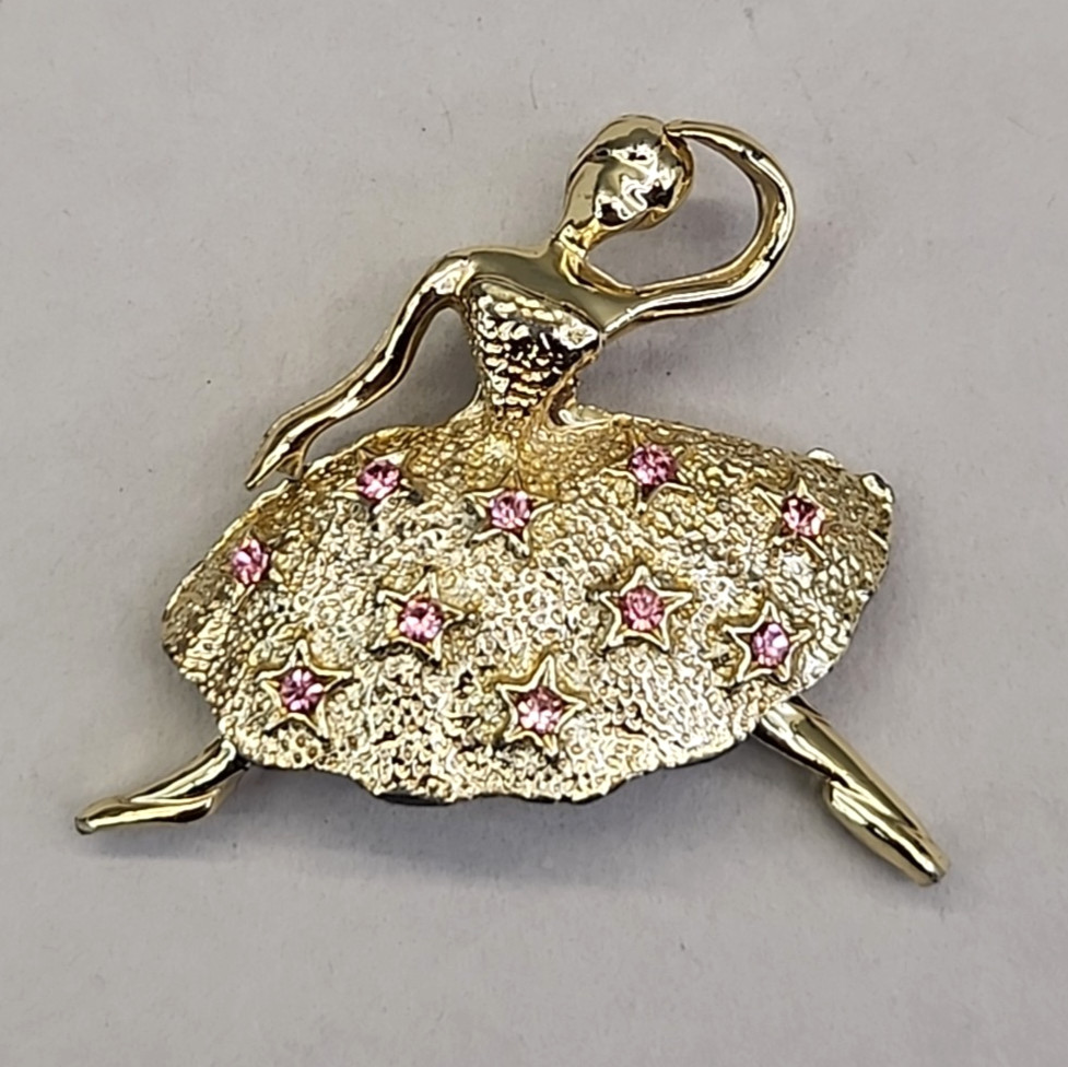 Vintage Ballerina Brooch Pink Rhinestones Gold Tone Speckled 1 5/8″