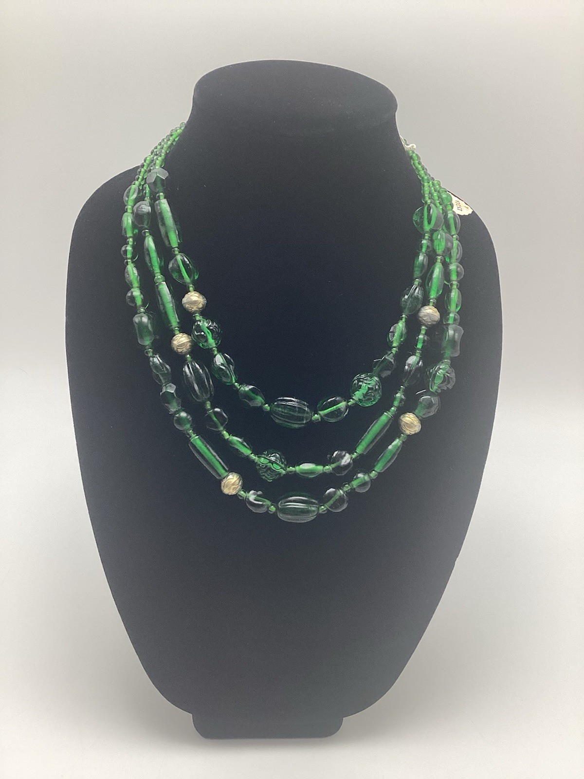 Vintage Emerald Green Glass Beaded Multi 3 Strand Necklace Made In India 19”