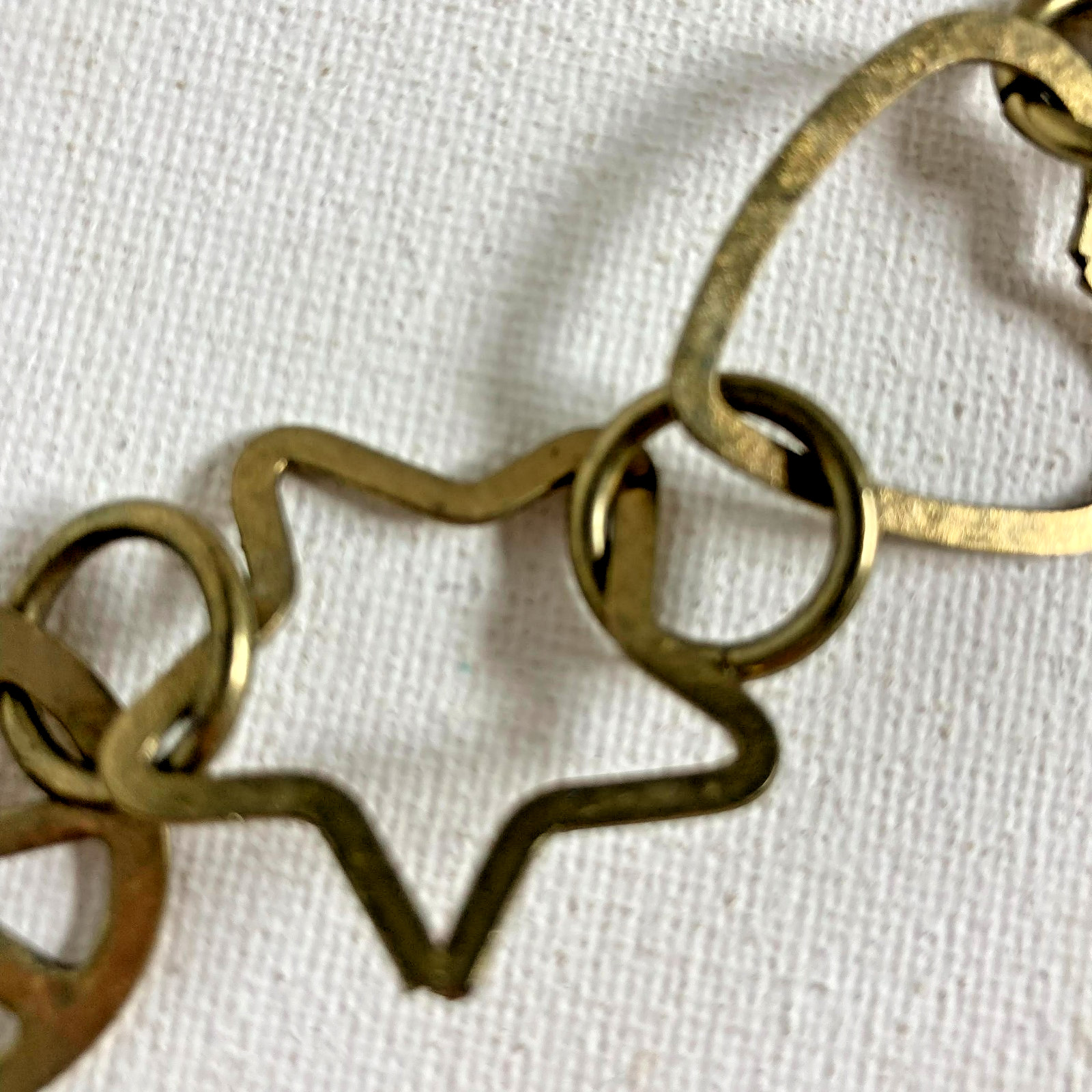 Bracelet Vintage Brass Chain of Hearts, Peace Signs and Stars 6.5″ Lobster clap