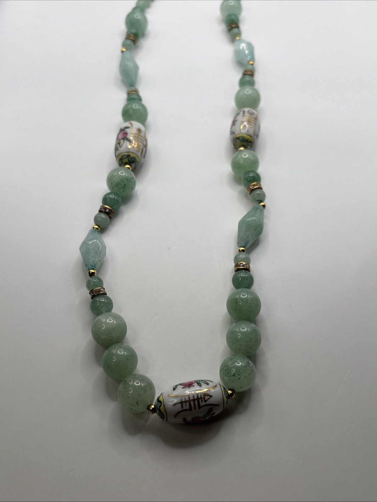 Vintage Chinese Hand-Painted Porcelain and Green Jade Beaded 34”Necklace