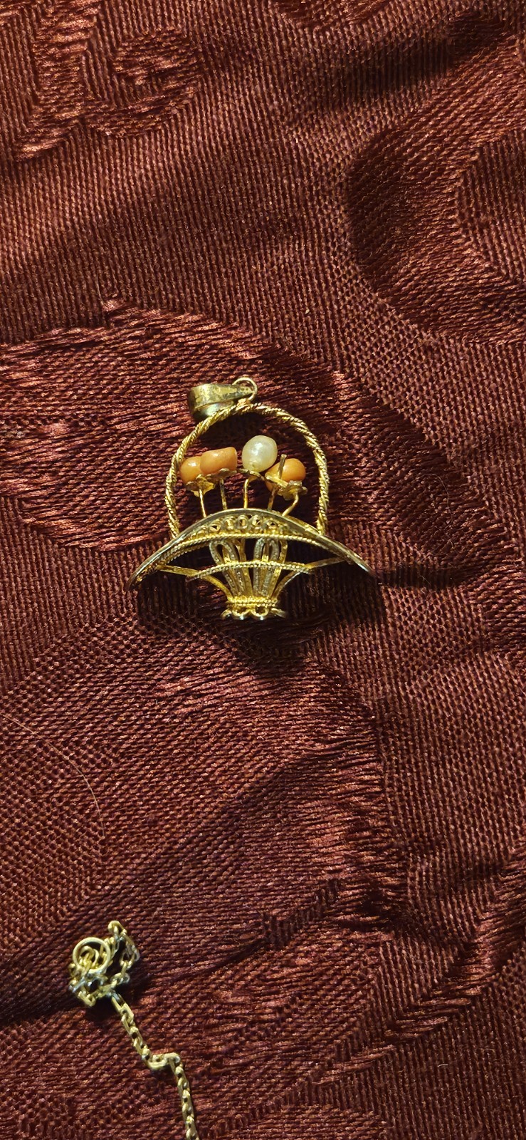 VTG STERLING SILVER CHINESE EXPORT ORIGINAL BOX CORAL PEARL FLOWER BASKET DANGLE