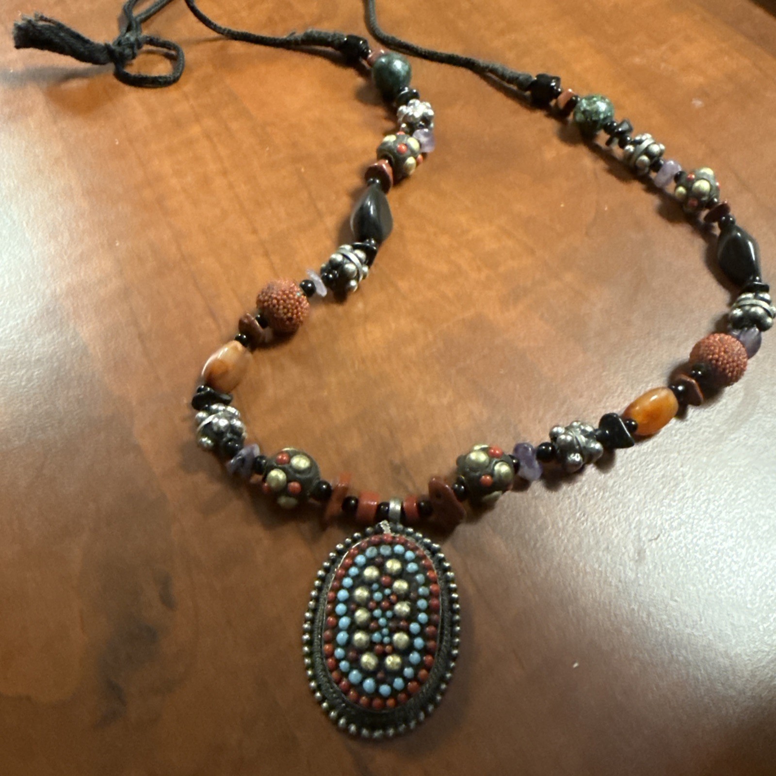 VTG Artisan Silver Tribal Gemstone Estate Necklace Coral Turquoise 80s Statement
