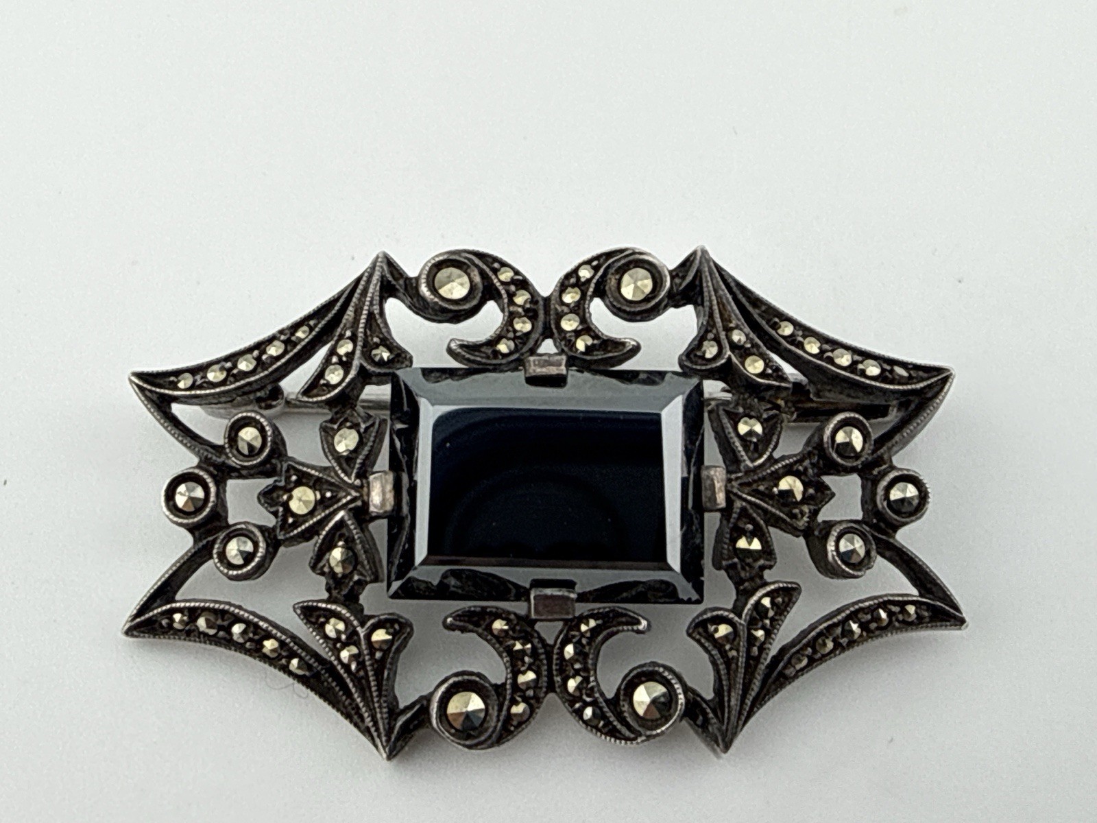 Antique Sterling Silver Unmarked natural hematite brooch Trombone Clasp 1.5”X1”