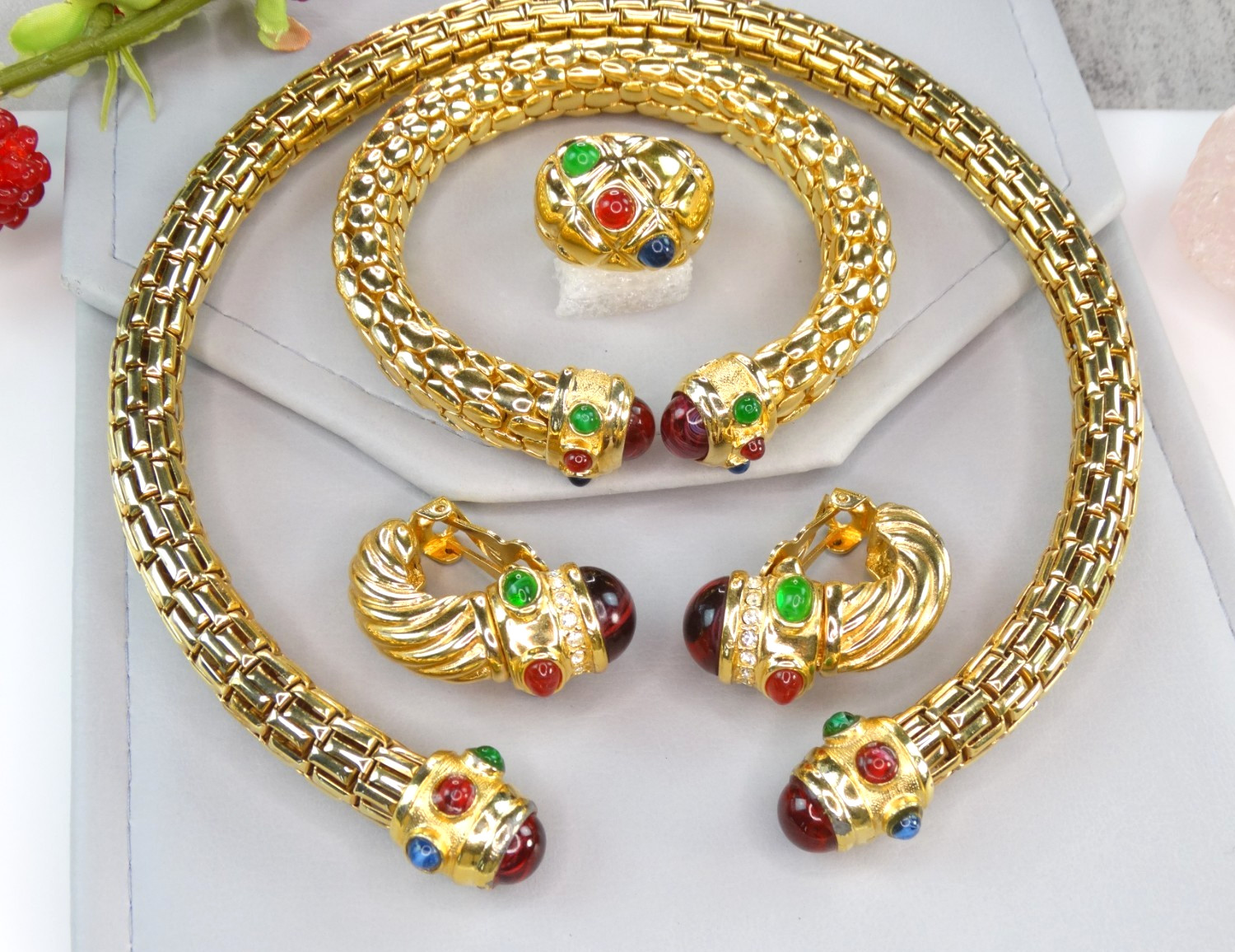 HIGH END VINTAGE JEWELRY LOT 80S IVANA GOLD GRIPOIX MOGUL CABS CHOKER EARRINGS +