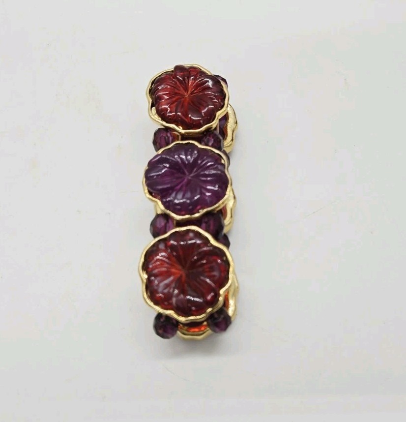 Red Purple Carved Lucite Stretch Bracelet Flower Floral 80’s Style OSFM One Size