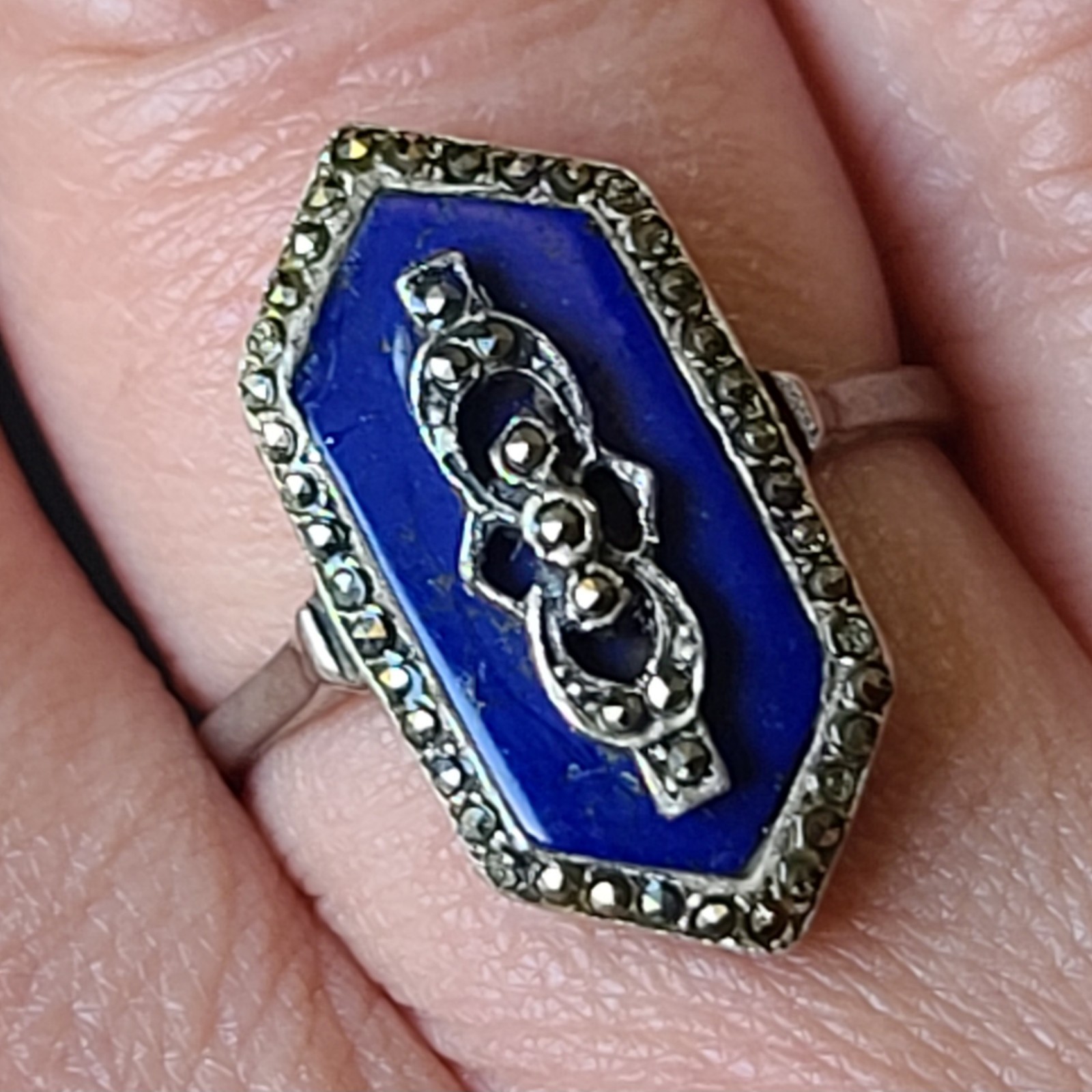 Fancy Antique VTG Art Deco Sterling Silver Lapis Lazuli Marcasite Ring Size 8