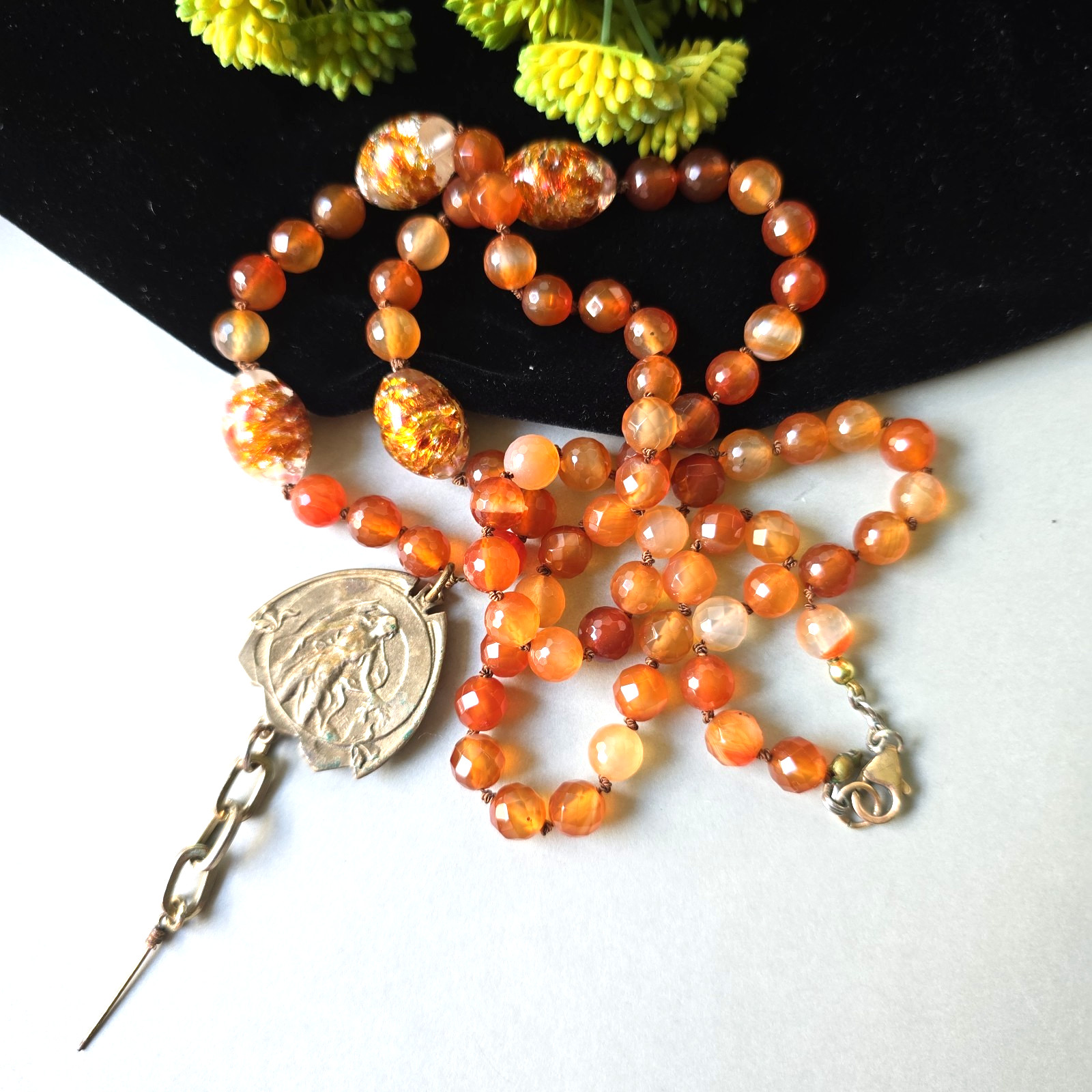 Vintage 1950 Bronze Art Nouveau Style Pendant Faceted Agate Foil Glass Necklace