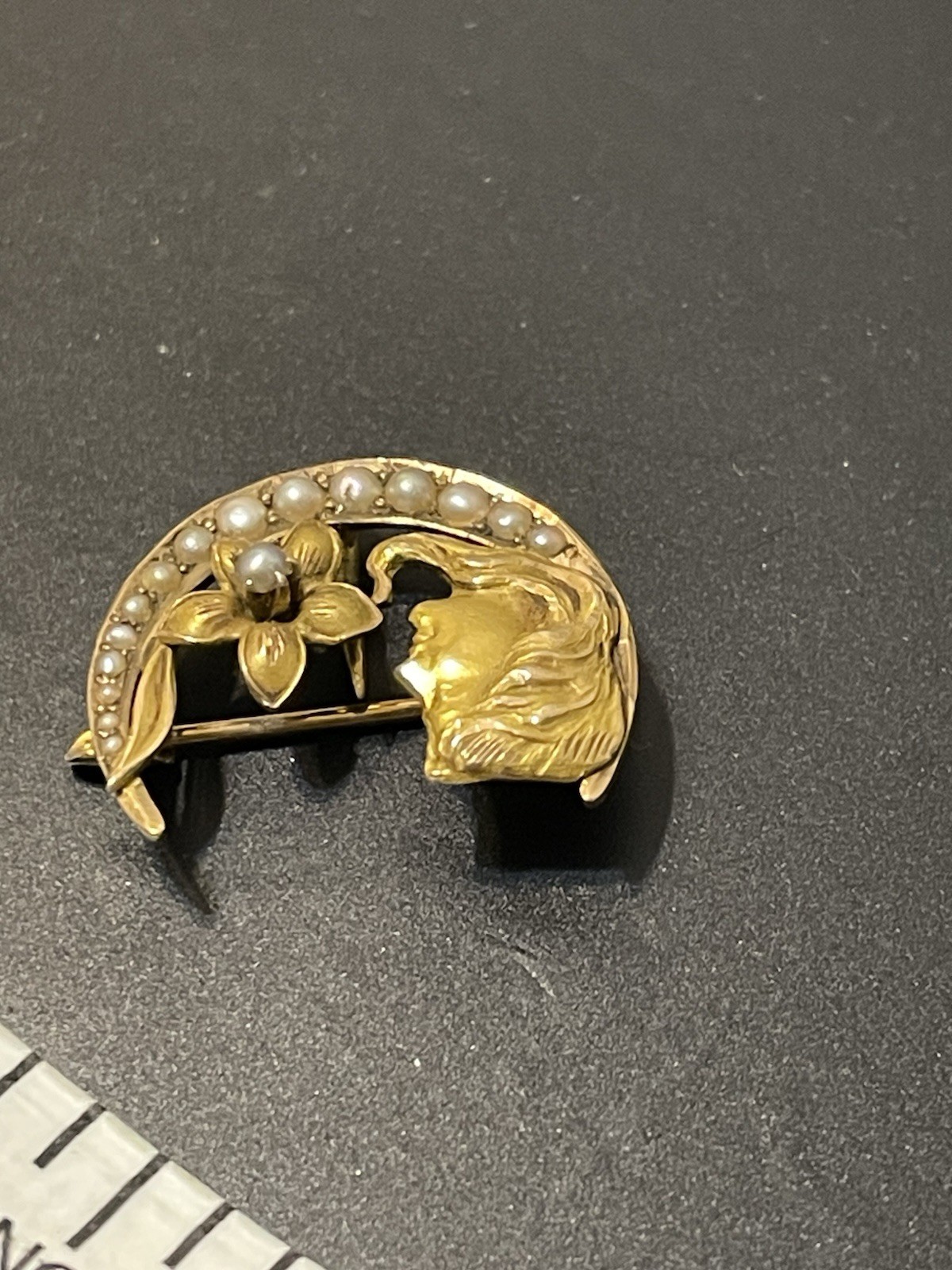 Vtg Brooch Pin Art Nouveau Deco 14K Gold Sees Pearl Woman Crescent Moon Flower