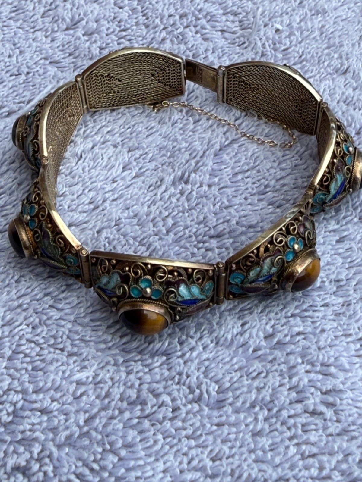 Chinese Export Silver Gilt Filigr Bracelet with Enamel and Tiger’s Eye Cabochons