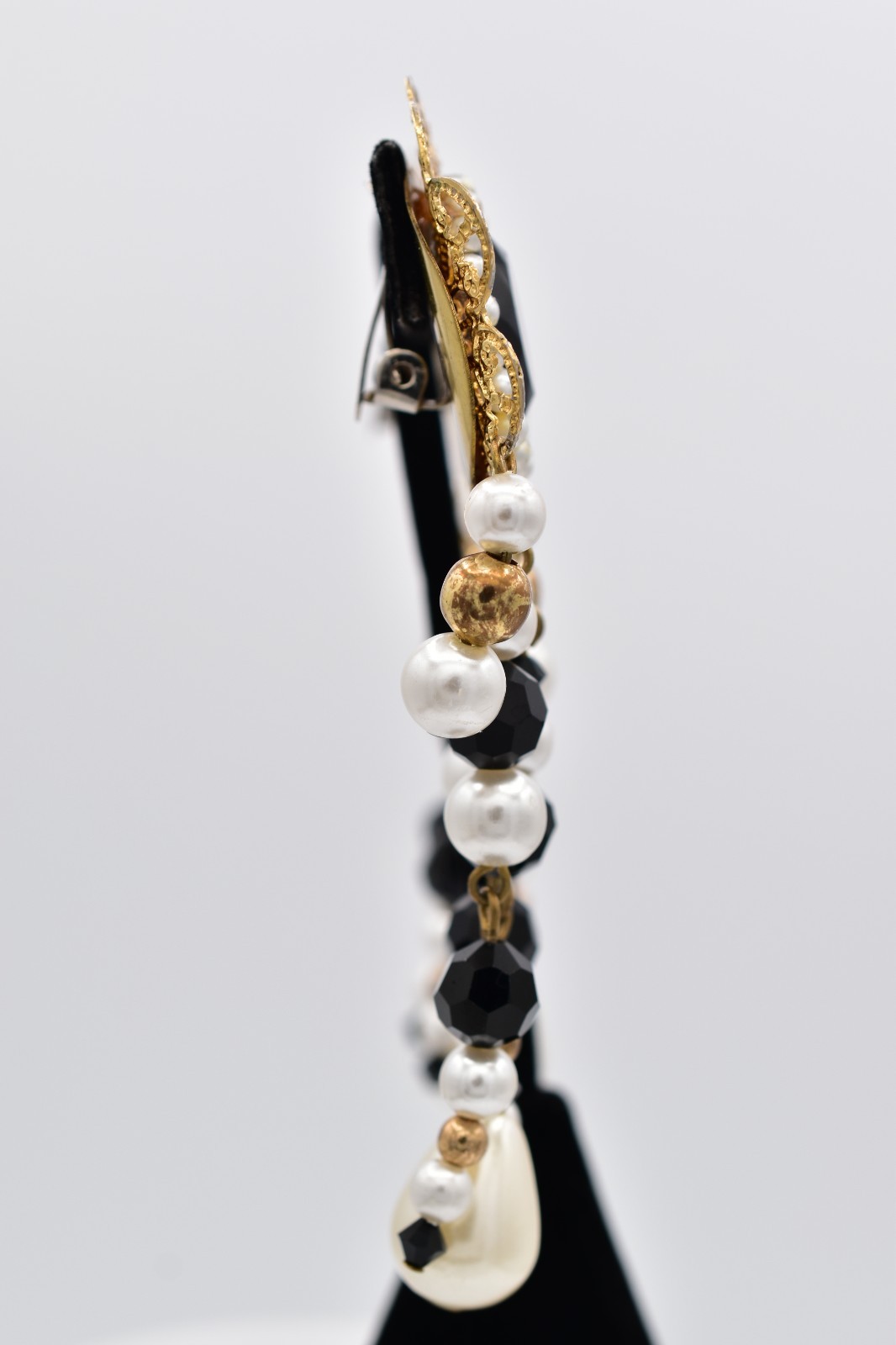 Jacklynn Vintage Beaded Fringe Clip On Earrings Black Crystal Pearl Gold BinBF