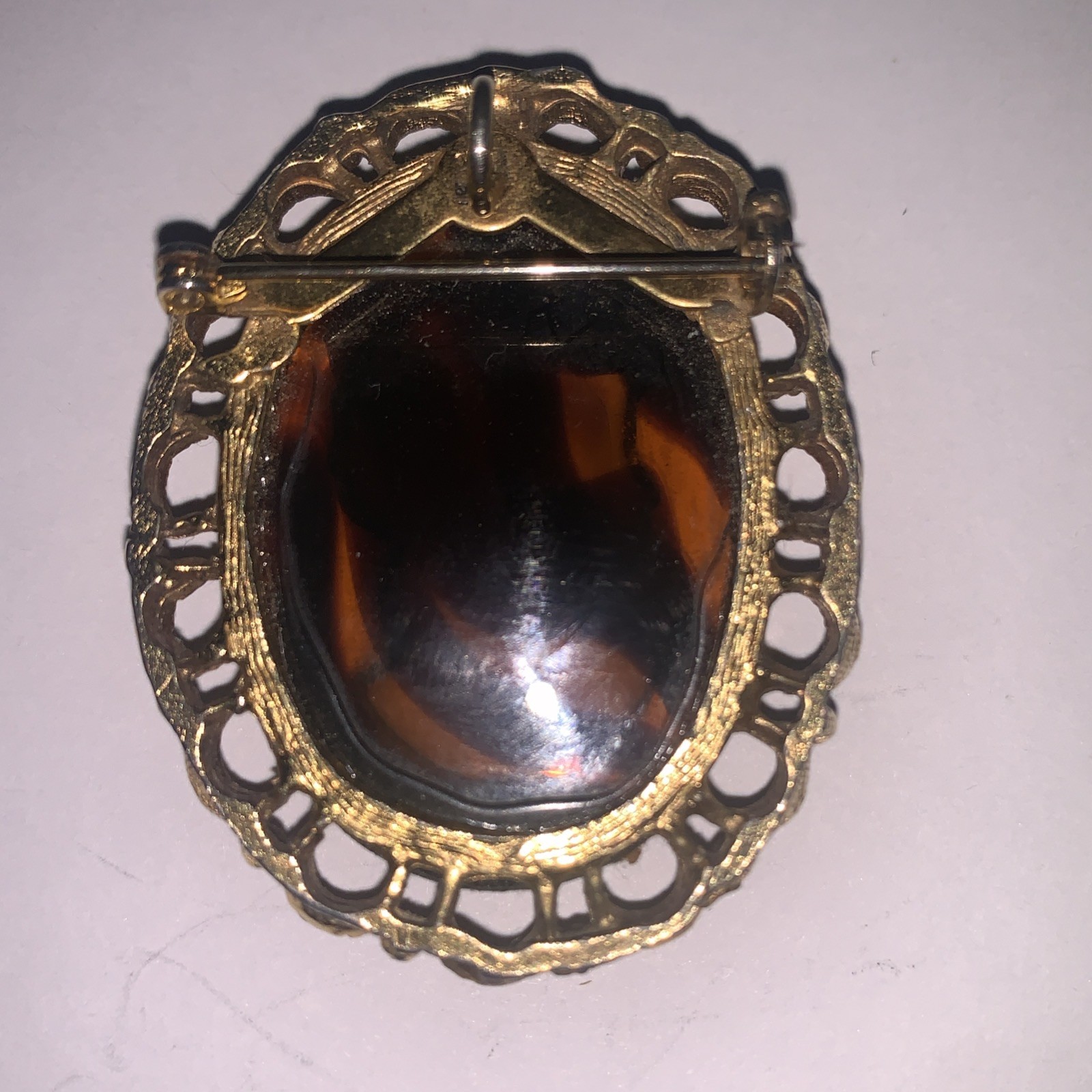 Brown Cameo Oval Framed Vintage Brooch Pendant Necklace