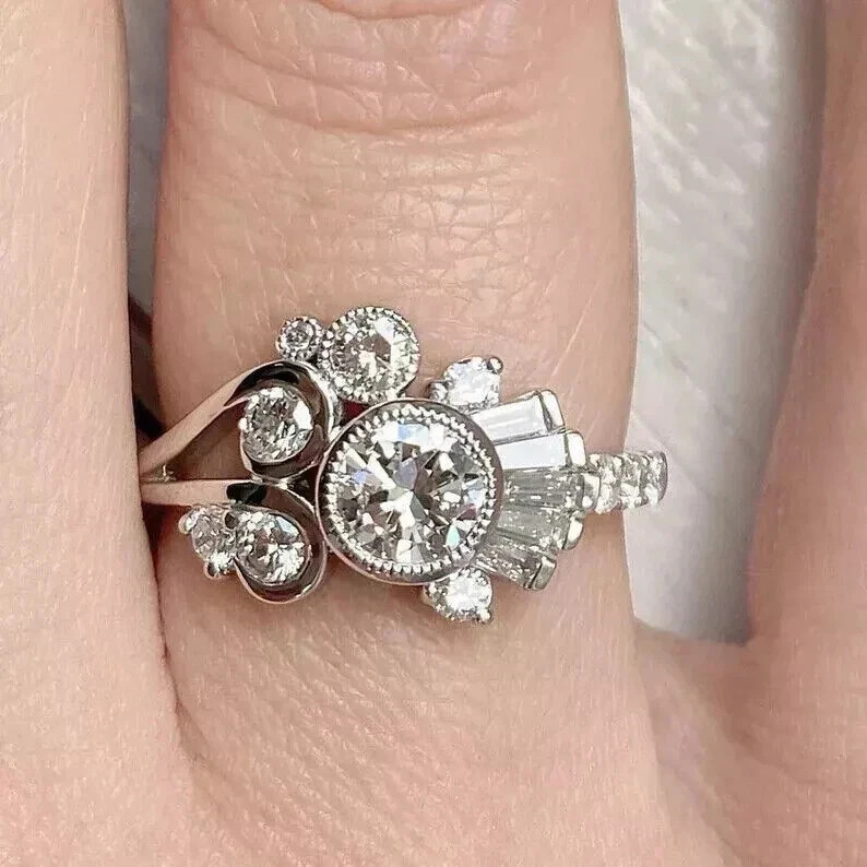 Art Deco Style Lab Created Diamond Wedding & Engagement 14K White Gold FN Ring