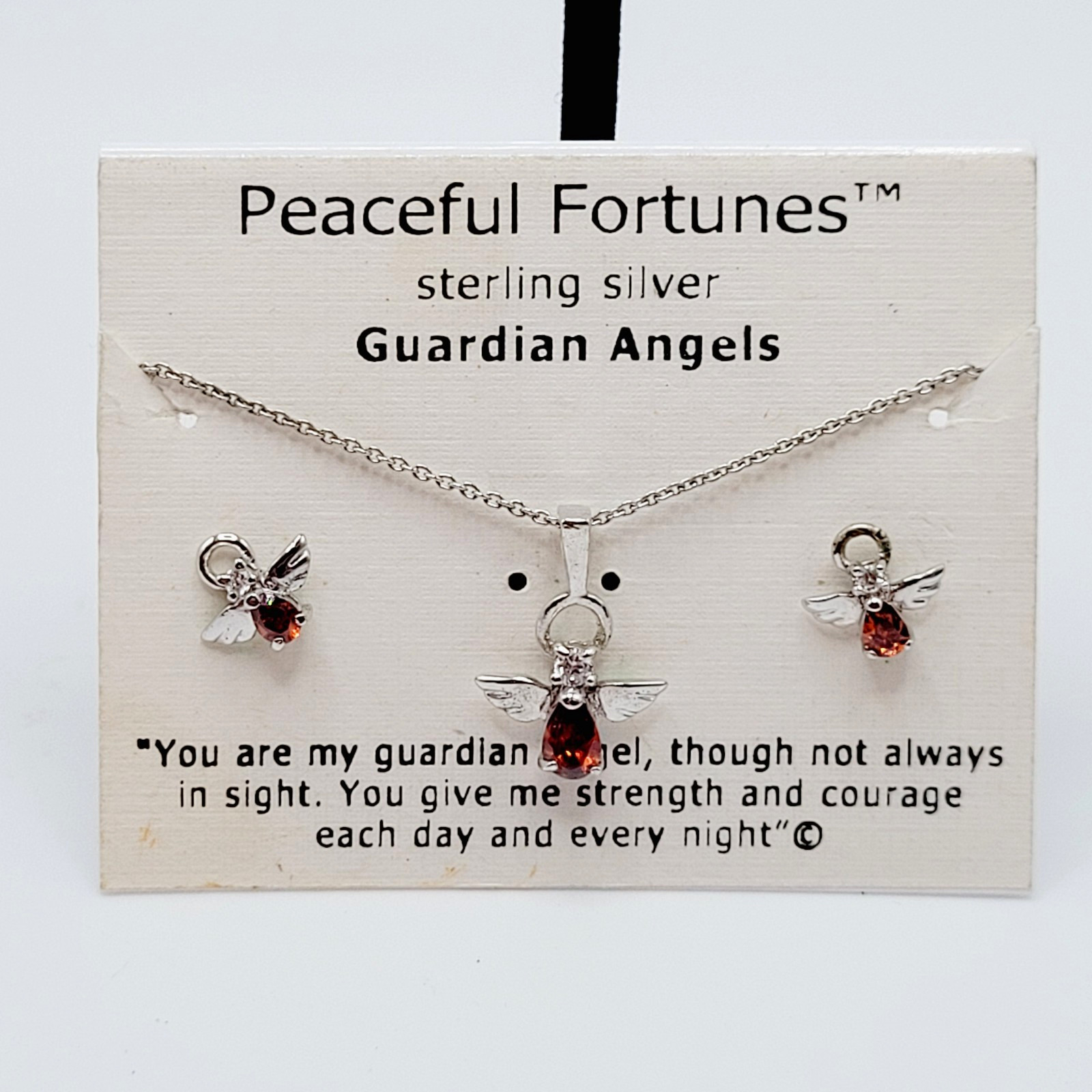 Red Rhinestone Guardian Angel Necklace Earring Set with Card Vintage 1990s