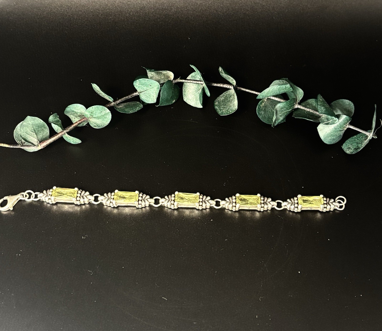 Vintage Sterling Silver 925 Lemon Lime Quartz Crystal Artisan Link Bracelet 6.5″