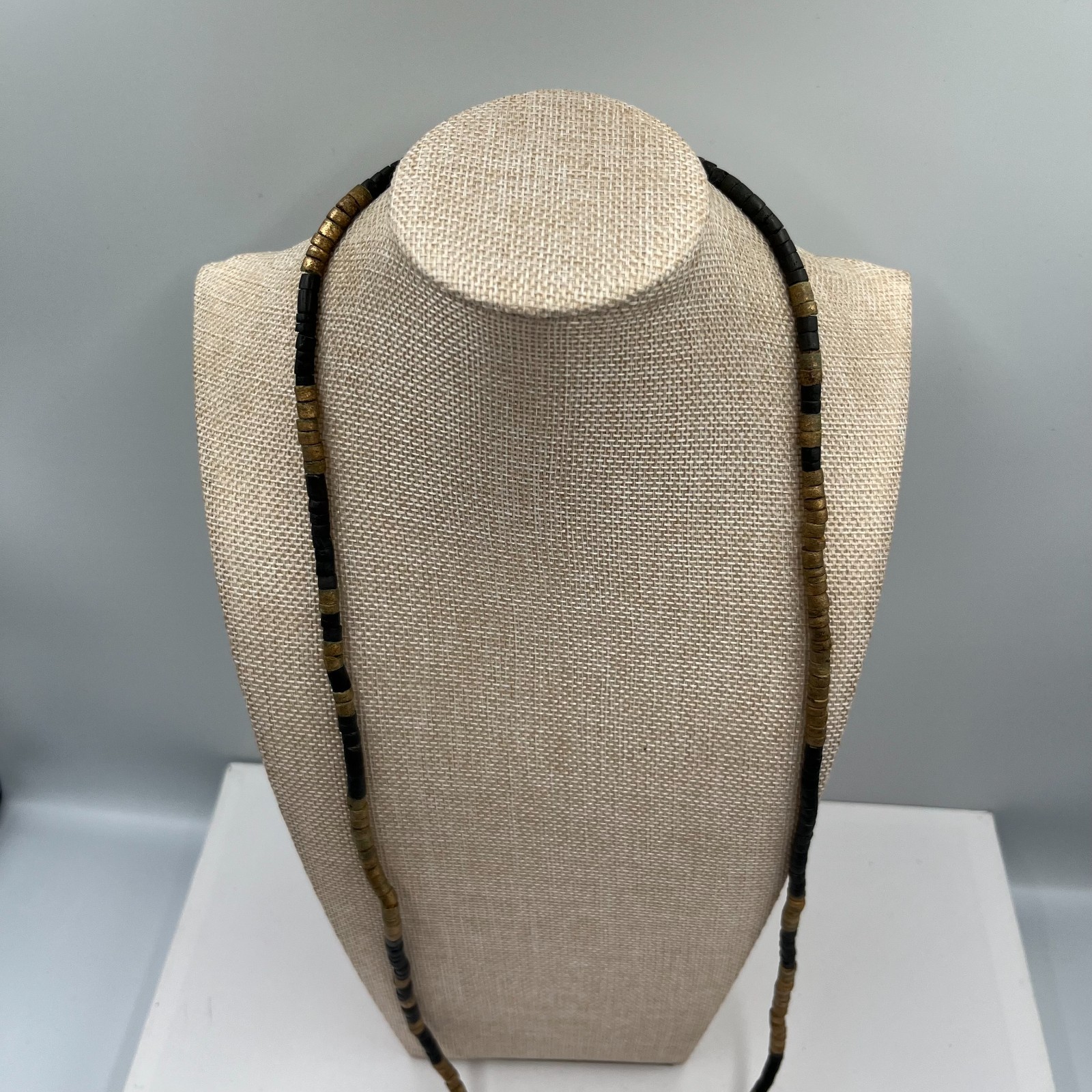 Vintage African Style Brass Black Glass Bead Necklace Ethnic Tribal Boho Jewelry
