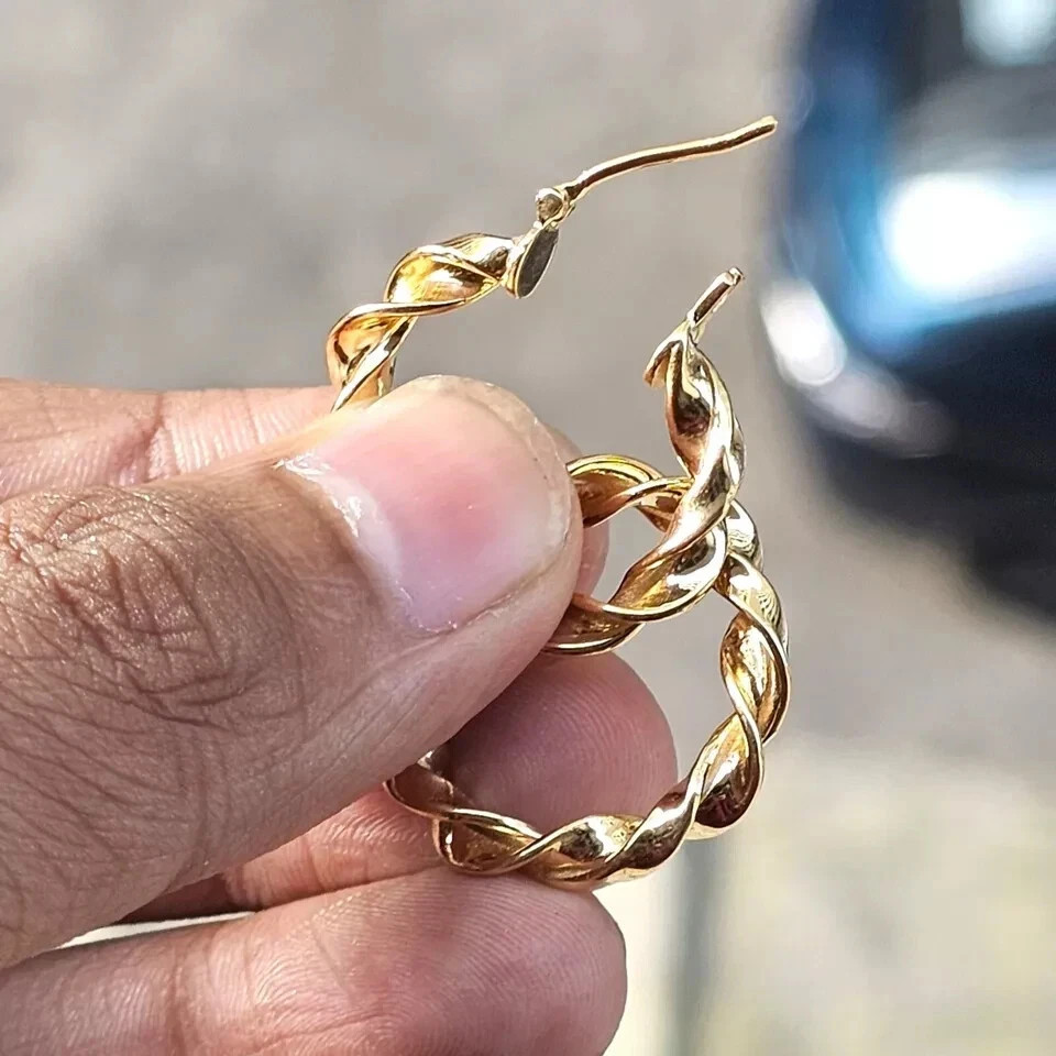 Art Deco Style Stunning Any Occasion Twisted Hoop Earrings 14K Yellow Gold FN